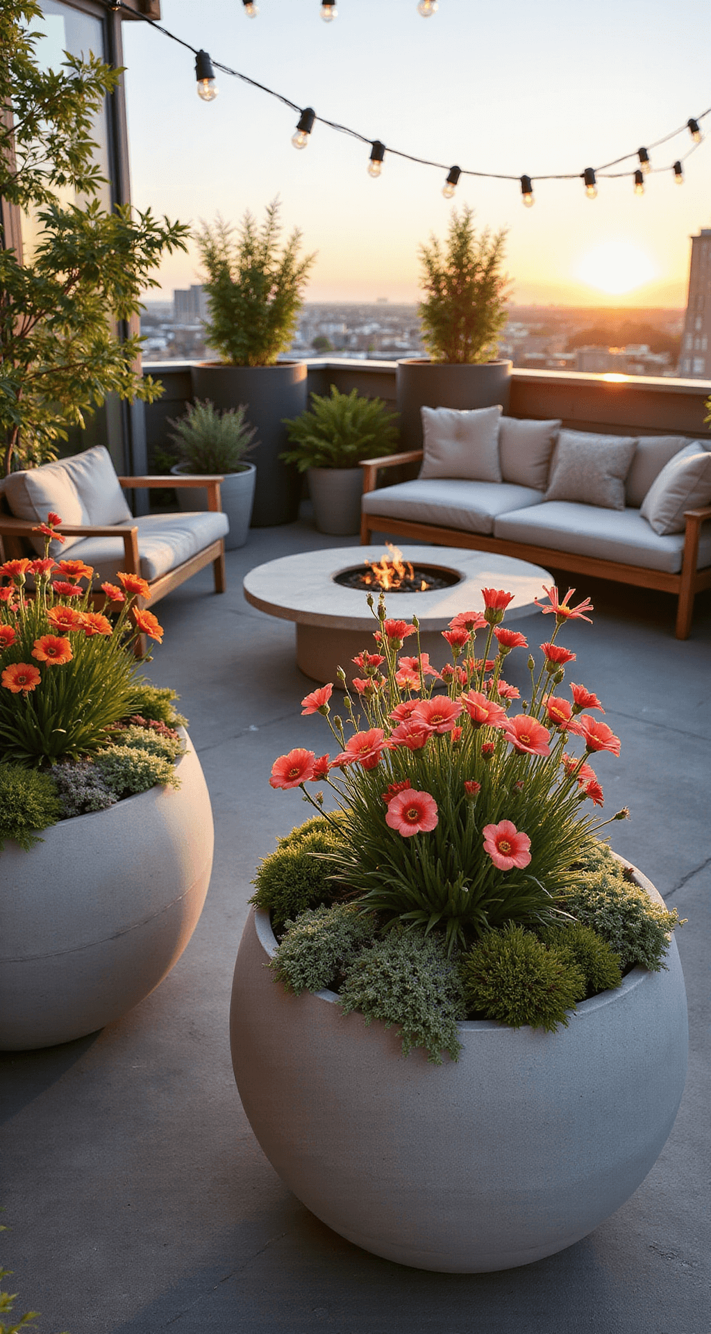 A sunny rooftop terrace at golden hour featuring oversized concrete planters filled with colorful snapdragons, dianthus, and cascading sedum, surrounded by weathered wooden furniture and a low fire pit. String lights crisscross above, casting warm light through the greenery, creating an inviting urban oasis in coral, sage green, and warm gray.