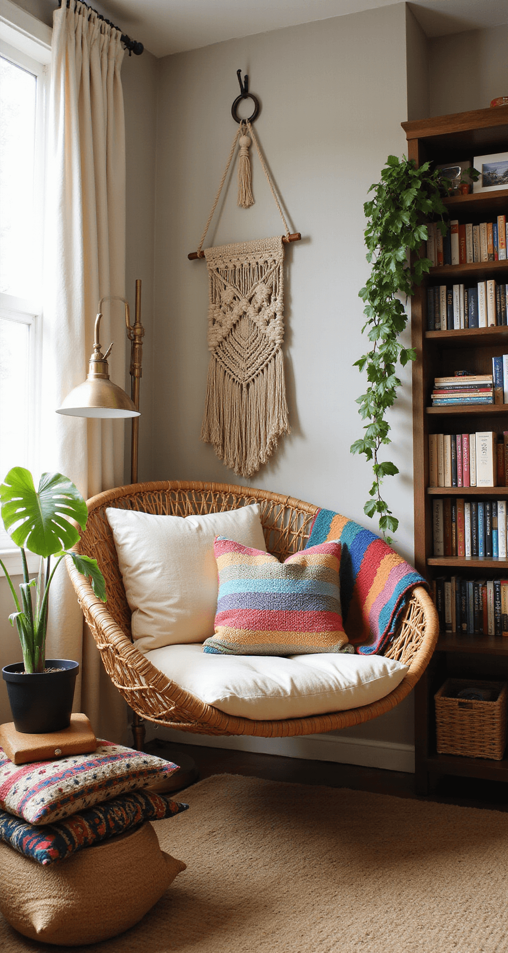 A cozy bohemian reading nook featuring a hanging rattan chair with cream cushions and a colorful throw blanket, surrounded by a floor-to-ceiling bookshelf, macramé wall hanging, vintage brass floor lamp, stacked kilim pillows on a jute pouf, and lush potted plants, captured from a low angle to highlight the chair's suspension and the nook's height.