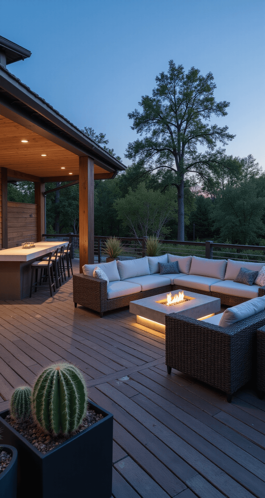 Modern entertainment deck at dusk featuring an L-shaped synthetic wicker sectional with platinum gray cushions, a floating wooden bar with LED underlighting, a brushed concrete contemporary gas fire table, deep espresso composite decking, and architectural cacti in geometric planters, enhanced by recessed deck mood lighting.