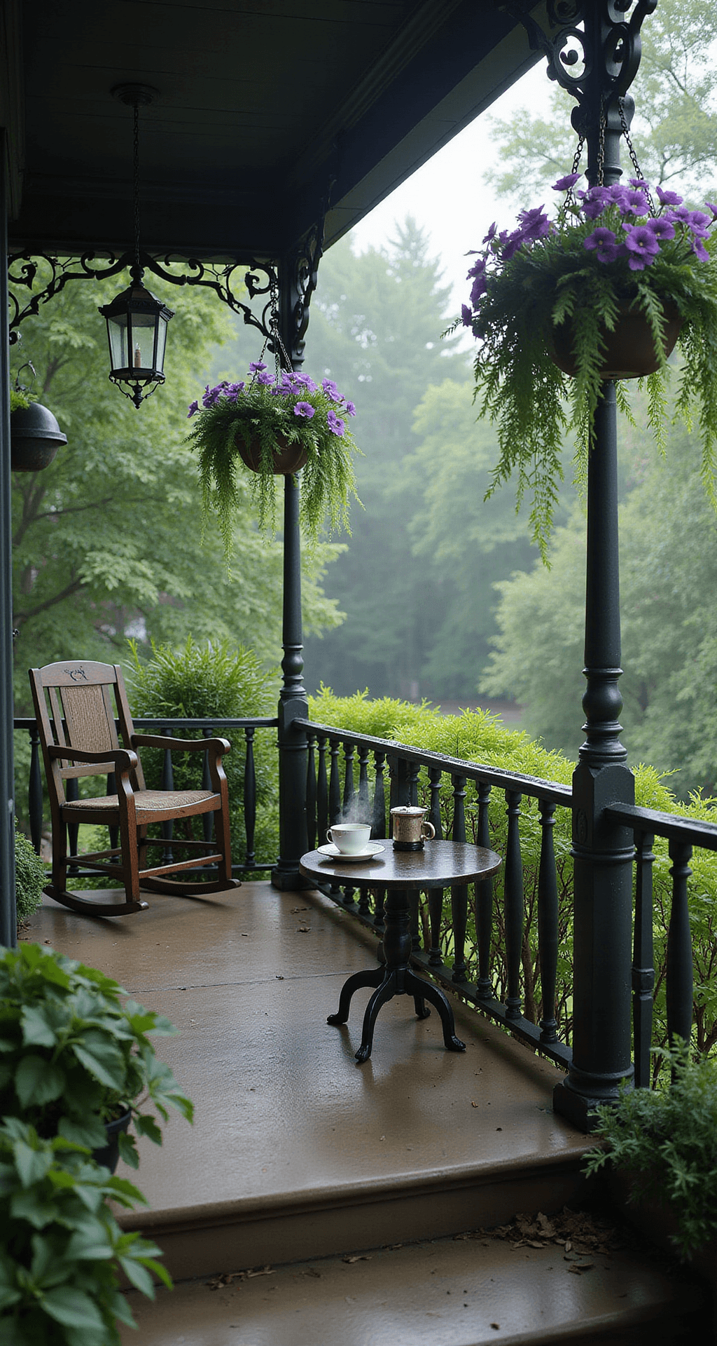 A wide-angle view of a misty Victorian porch adorned with ornamental wrought-iron railings and hanging baskets of ferns, pansies, and ivy. A vintage rocking chair and small round table with a steaming teacup create a tranquil, nostalgic atmosphere, lit softly in deep green, lavender, and cream hues.