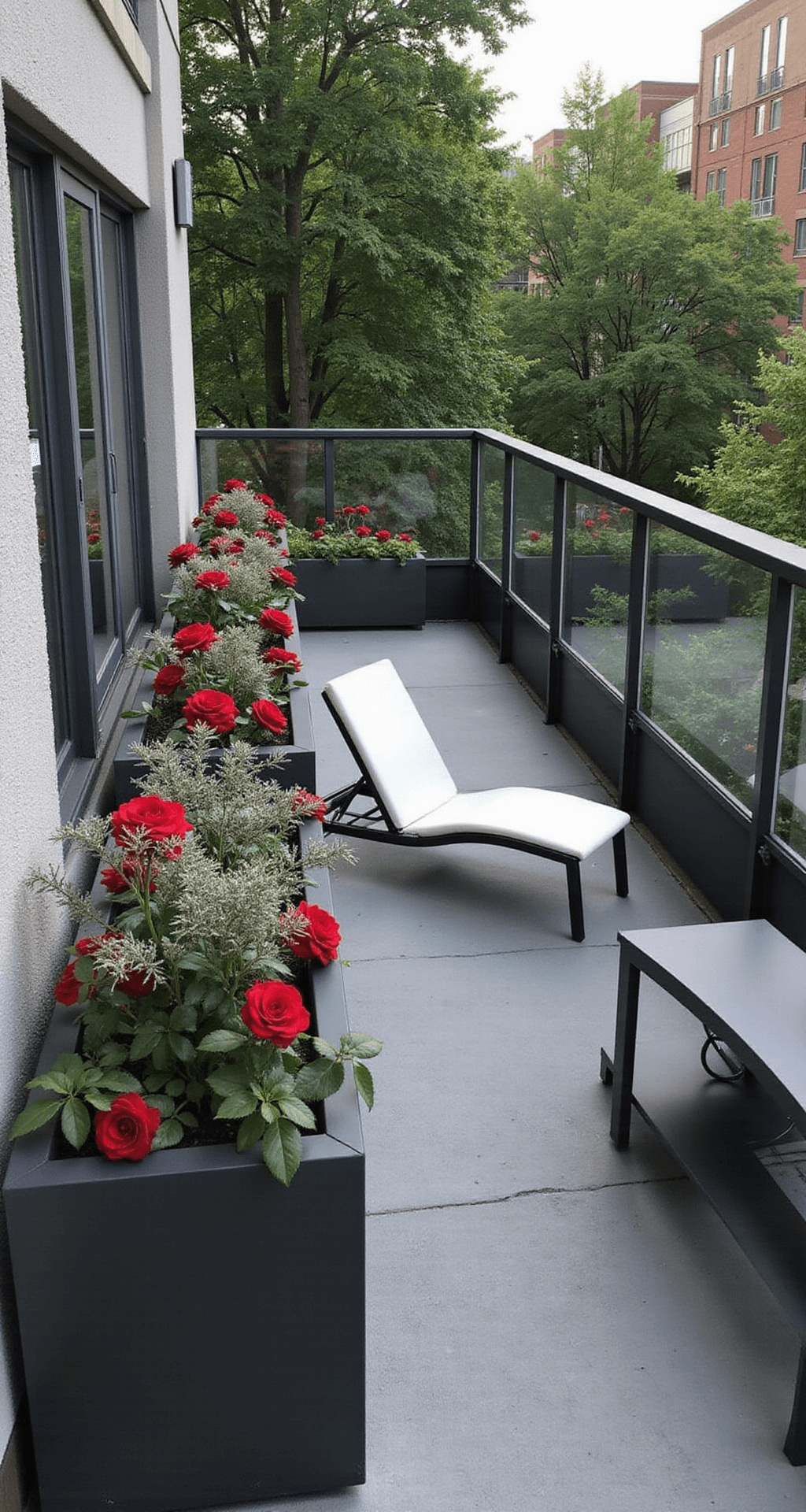 A bird's eye view of a modern balcony featuring sleek black planters with red patio roses and silver dusty miller, a minimalist lounge chair and a side table in one corner, all highlighted by high-contrast midday lighting.