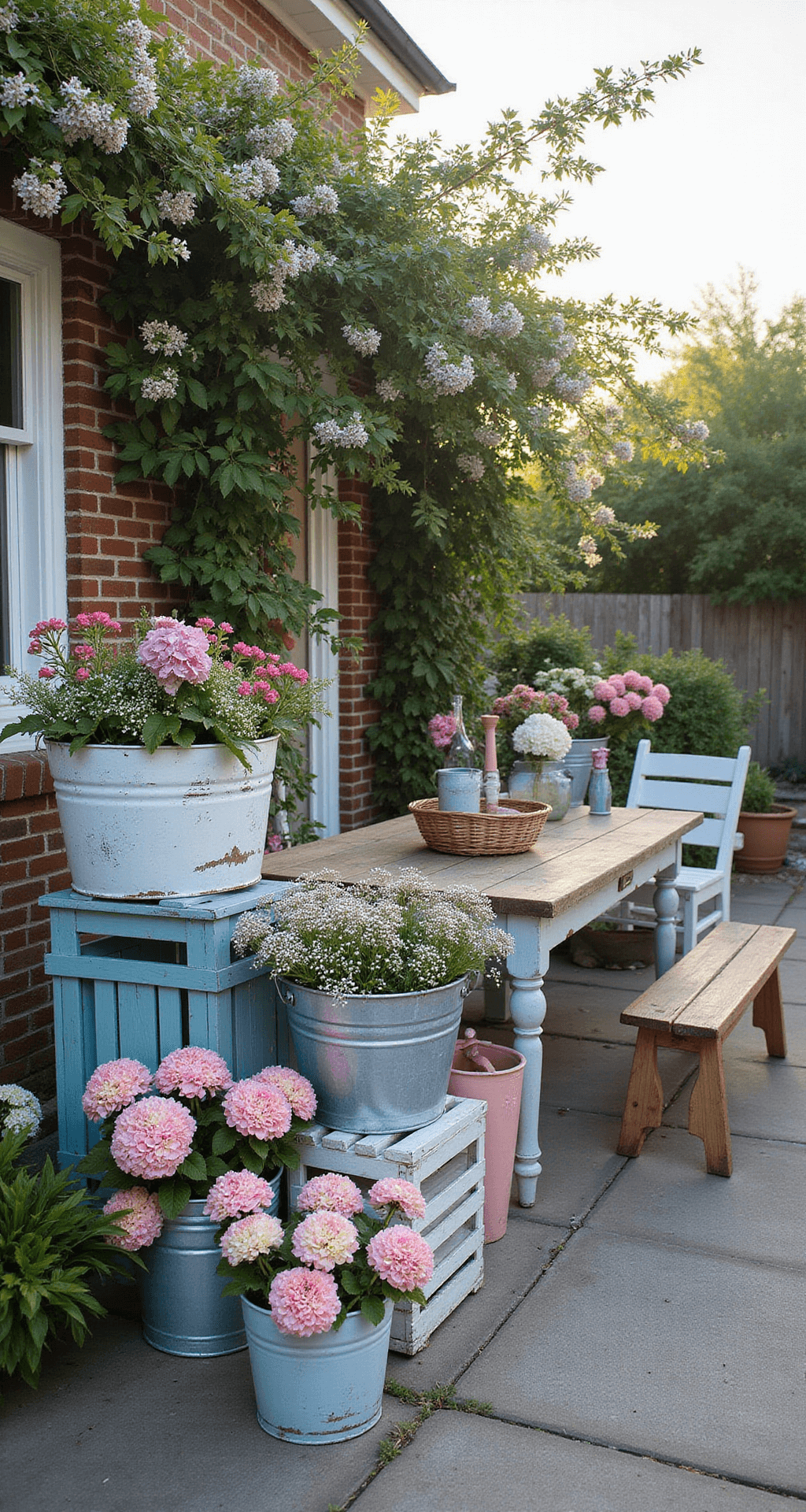 A charming rustic country patio at sunset, featuring repurposed wooden crates and galvanized metal buckets filled with pastel-hued hydrangeas and sweet alyssum. A weathered farm table surrounded by mismatched chairs captures the scene, with soft backlighting creating a dreamy atmosphere in dusty blue, blush pink, and aged white tones.