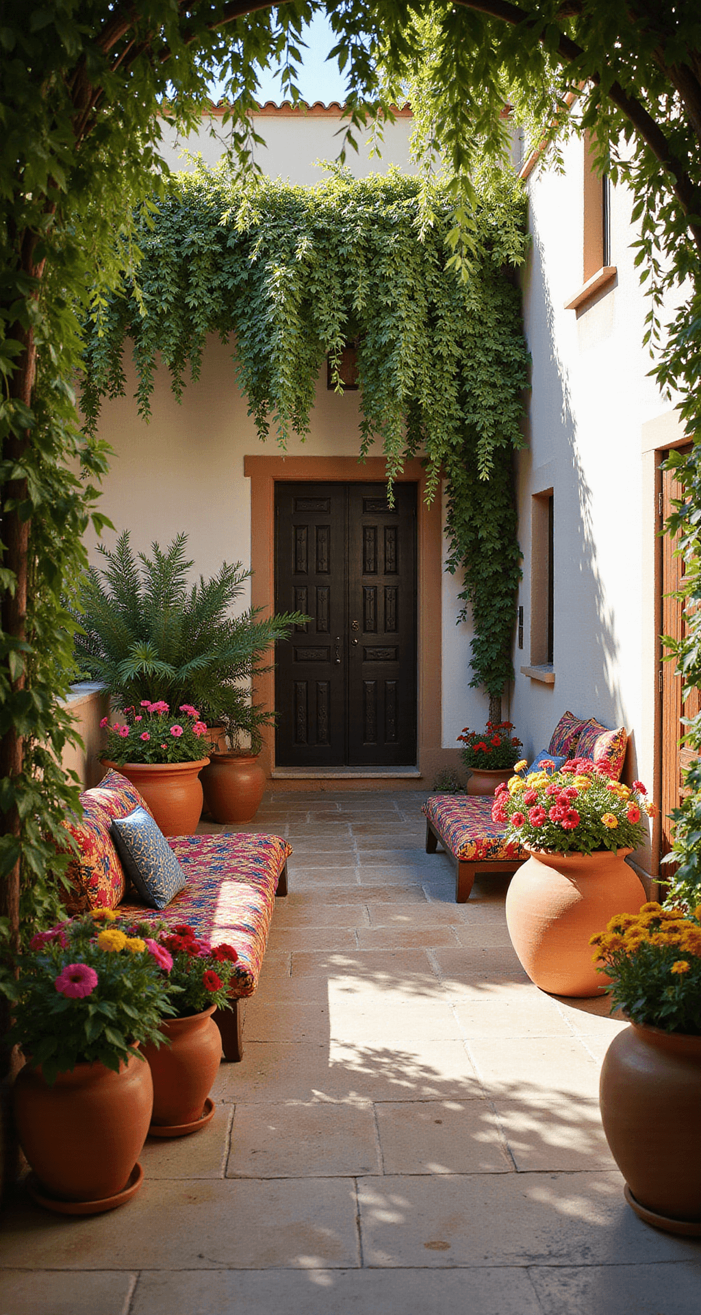 A vibrant courtyard featuring a clematis-covered archway, colorful wave petunias in terracotta pots, and Moroccan-inspired cushions and tables, all bathed in harsh midday sunlight casting strong shadows, creating a bohemian Mediterranean oasis atmosphere.