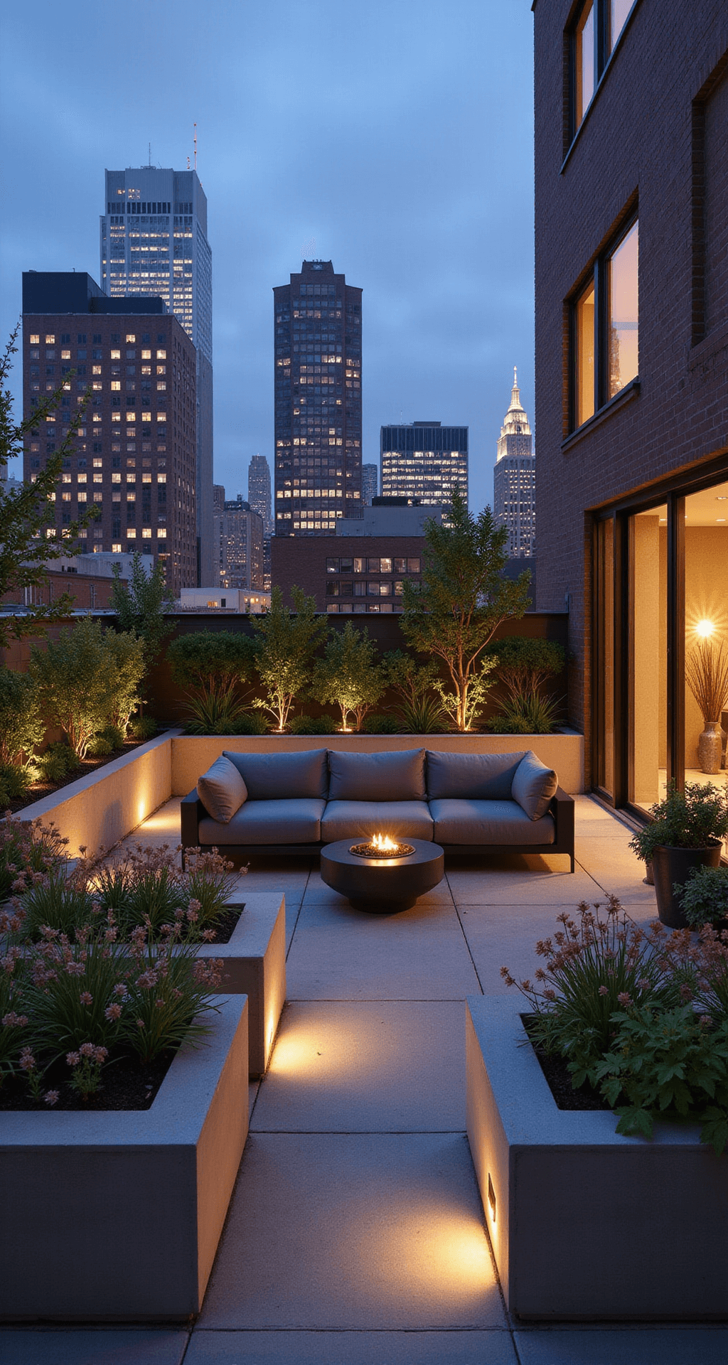 A contemporary rooftop garden at twilight featuring linear concrete planters with ornamental grasses and late-blooming mums, a sleek outdoor sectional facing a vertical herb garden, and uplighting that casts dramatic shadows, all set against a city skyline with warm bronze, deep purple, and cool gray tones.