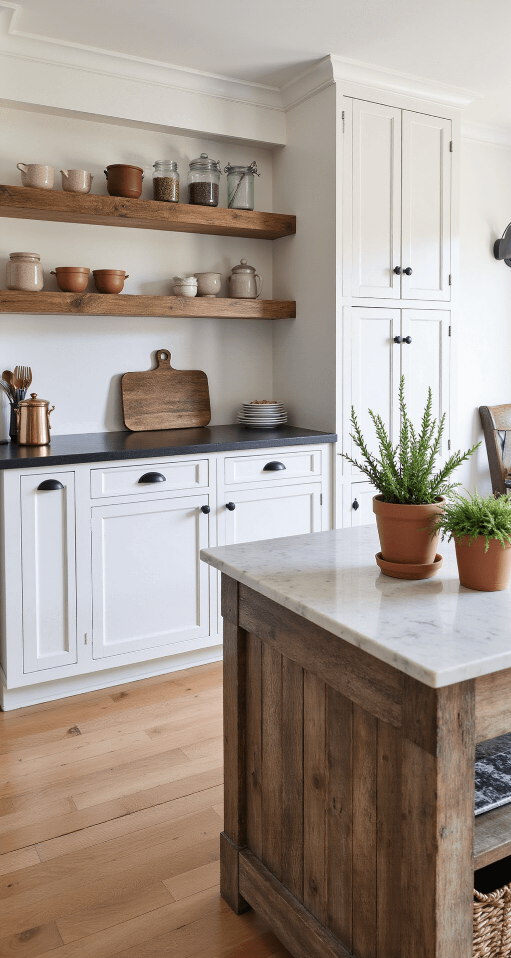 A bright modern farmhouse kitchen featuring white shaker cabinets, matte black hardware, and soapstone counters, with open shelving displaying earthenware. The center island has a reclaimed wood base and marble top, styled with copper canisters and terracotta pots of fresh herbs, captured at a 45-degree angle.