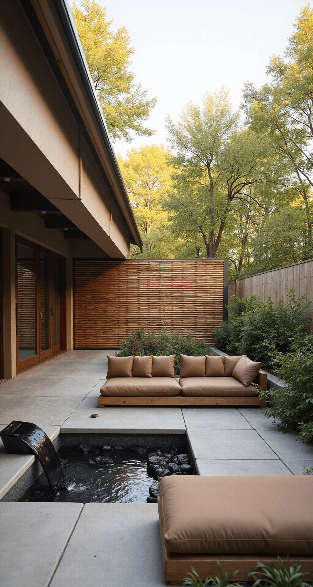 Corner angle view of a Zen garden patio featuring low-profile Japanese-inspired seating with earth-toned weatherproof cushions, a custom water feature with black river rocks, and a natural bamboo privacy screen, all captured during the morning golden hour with mist effects.