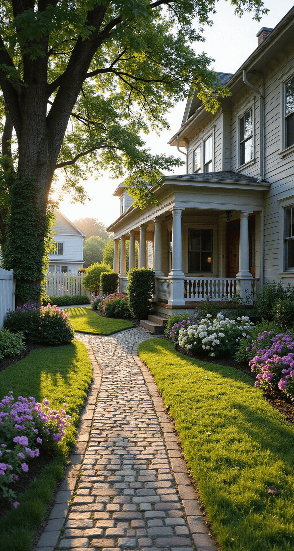 Charming front yard garden with a manicured lawn, winding cobblestone path, colorful flowerbeds, craftsman-style home, mature oak tree, white picket fence, and warm morning light.