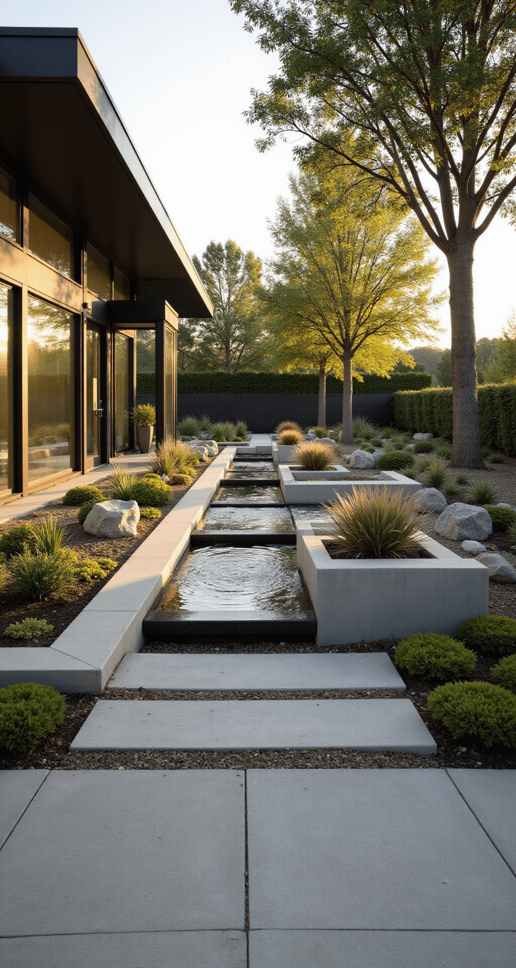 An elegant modern front yard featuring a minimalist concrete pathway leading to a sleek glass-fronted home, accented by large planters of succulents and ornamental grasses, and a striking series of cubic fountains, all bathed in golden late afternoon sunlight.