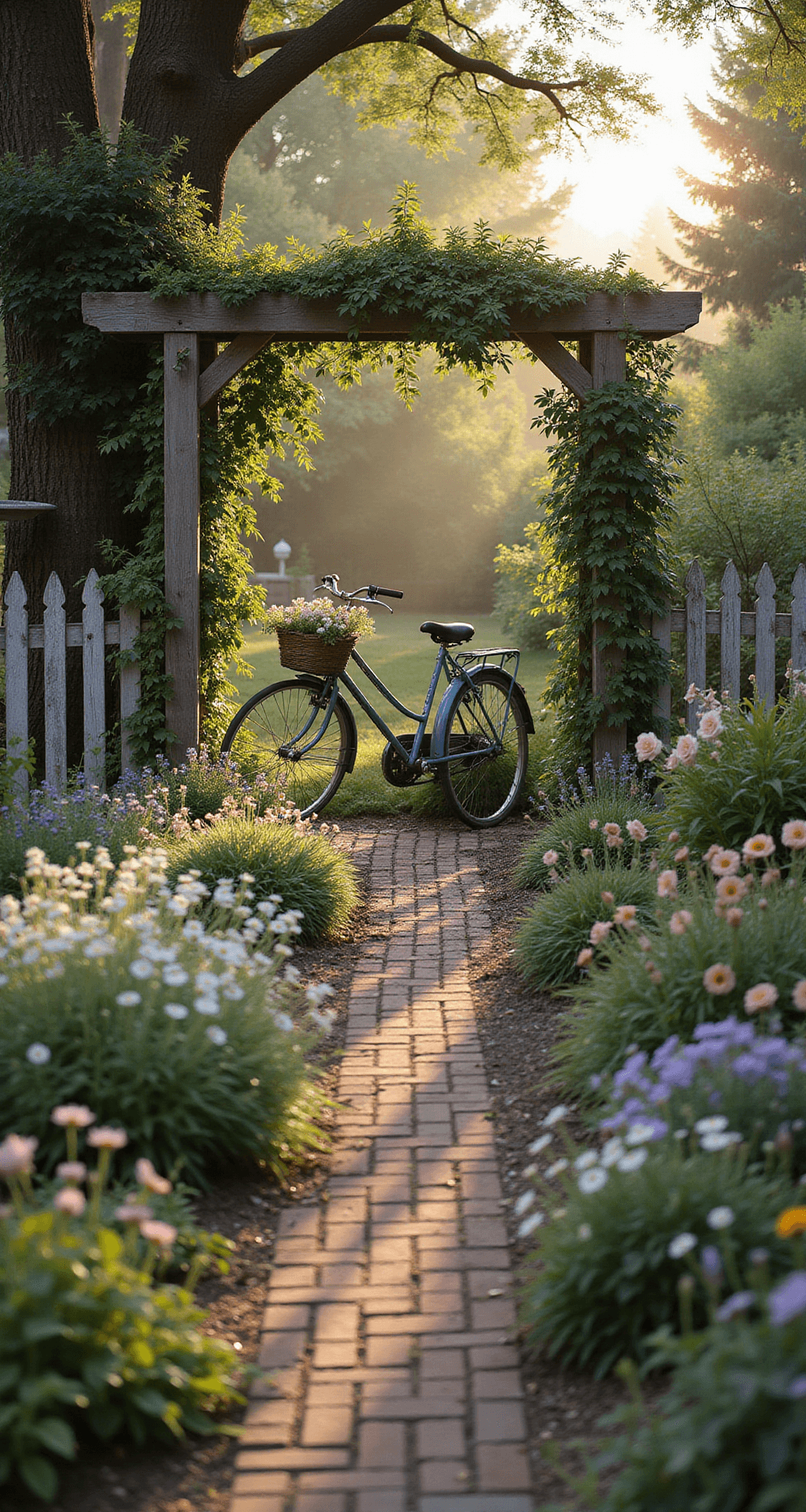 A cozy cottage-style front yard in golden hour light, featuring a meandering brick pathway through a lush garden of pastel flowers, an old wooden arbor with climbing roses, a vintage bicycle with fresh flowers, a birdbath, and a rustic birdhouse, all captured from a slight elevation.