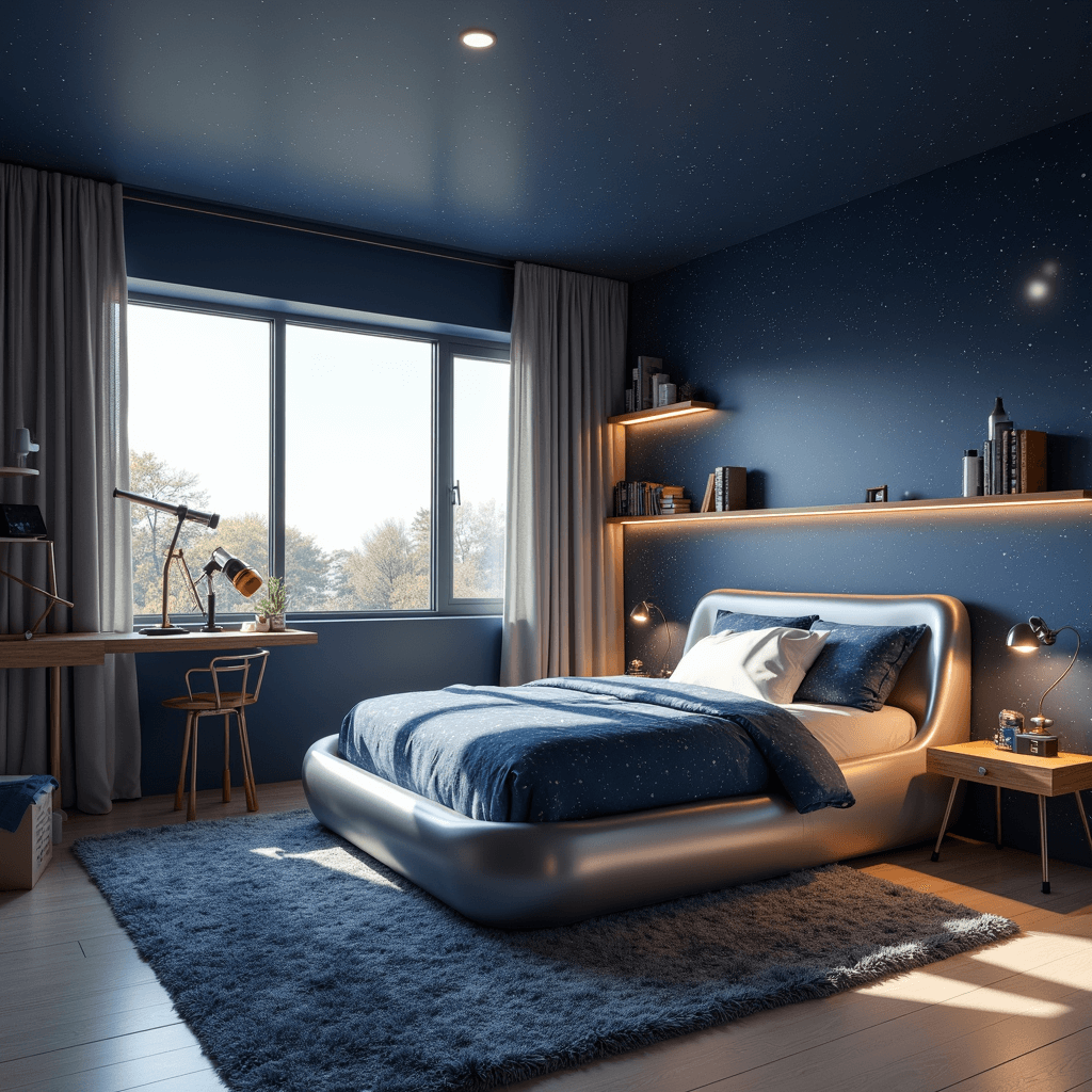 Spacious boy's bedroom with NASA-themed decor, including a metallic silver bed, galaxy wallpaper, a curved desk with a telescope, and floating rocket-shaped shelves, illuminated by late afternoon sunlight.