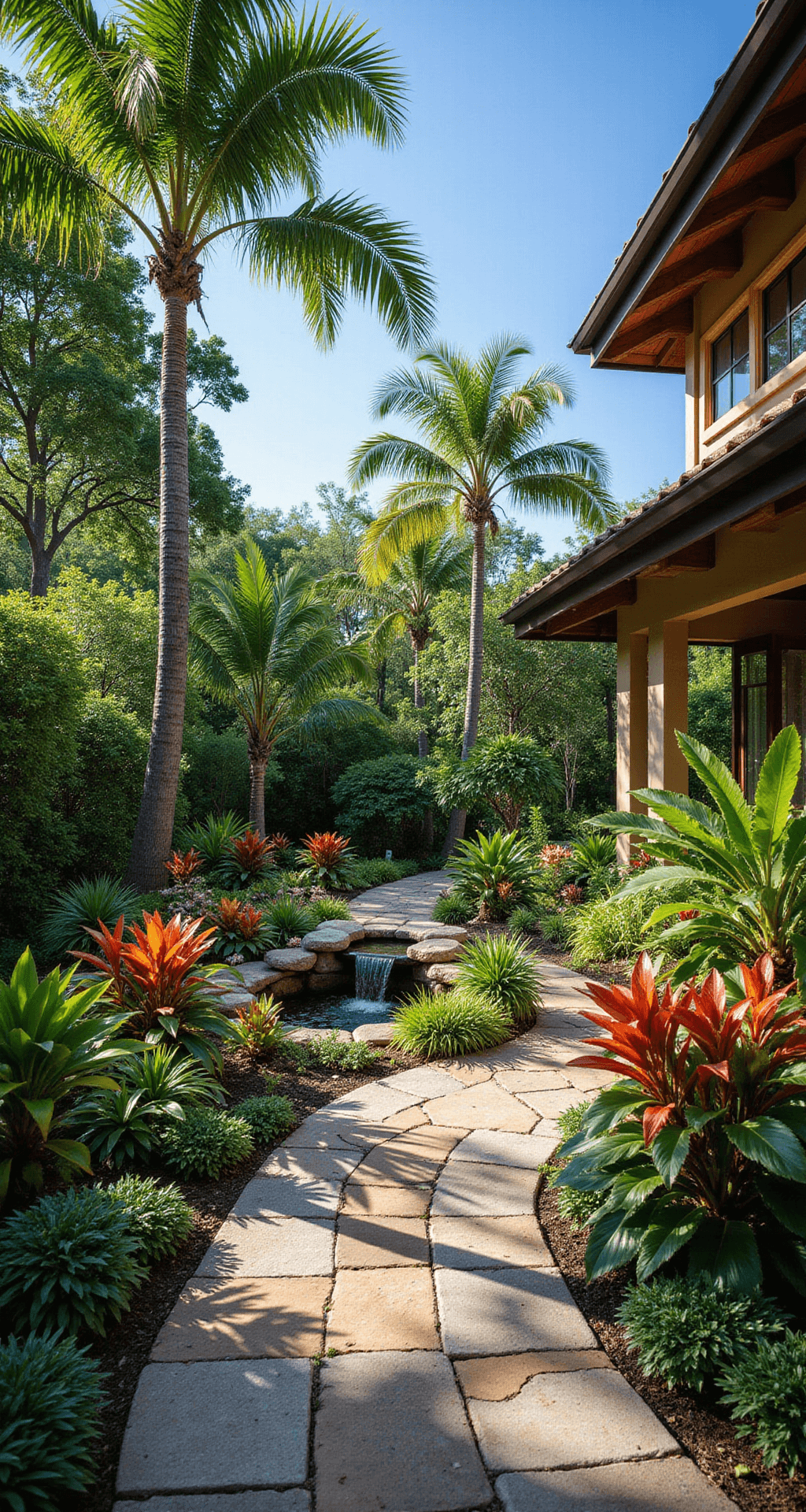 A lush tropical front yard features a curved stone path surrounded by vibrant foliage, towering palm trees, and colorful orchids. A small koi pond with a waterfall reflects the blue sky, while a house with natural wood accents blends into the landscape. High-contrast sunlight highlights the vivid colors and dramatic shadows.