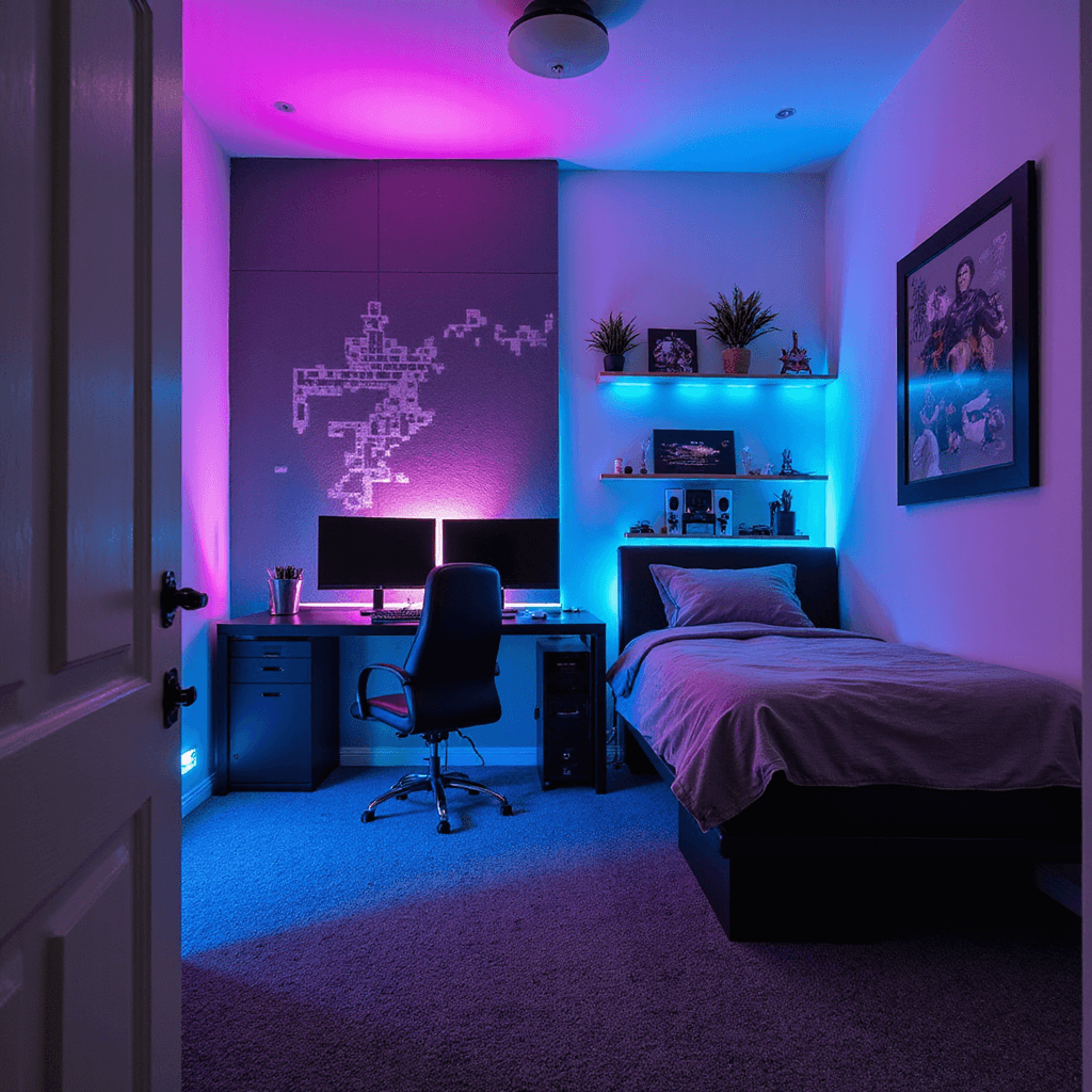 A contemporary gaming room featuring LED strip lighting, a sleek black gaming station with dual monitors, geometric pixel art on an accent wall, a modern platform bed with USB ports, industrial metal shelving with collectibles, and a charcoal gray carpet against white walls, all captured from a doorway perspective.