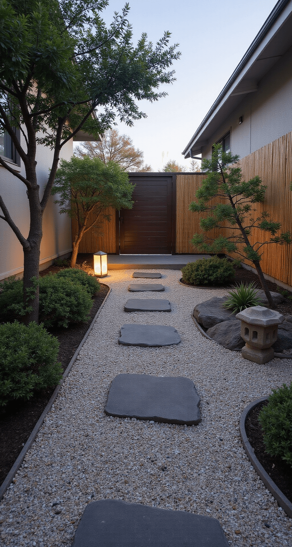 A peaceful zen-inspired front yard featuring a minimalist gravel path, carefully placed stepping stones, bonsai trees, and a dry rock garden, all illuminated by soft evening light and framed by bamboo fencing and a wooden gate.