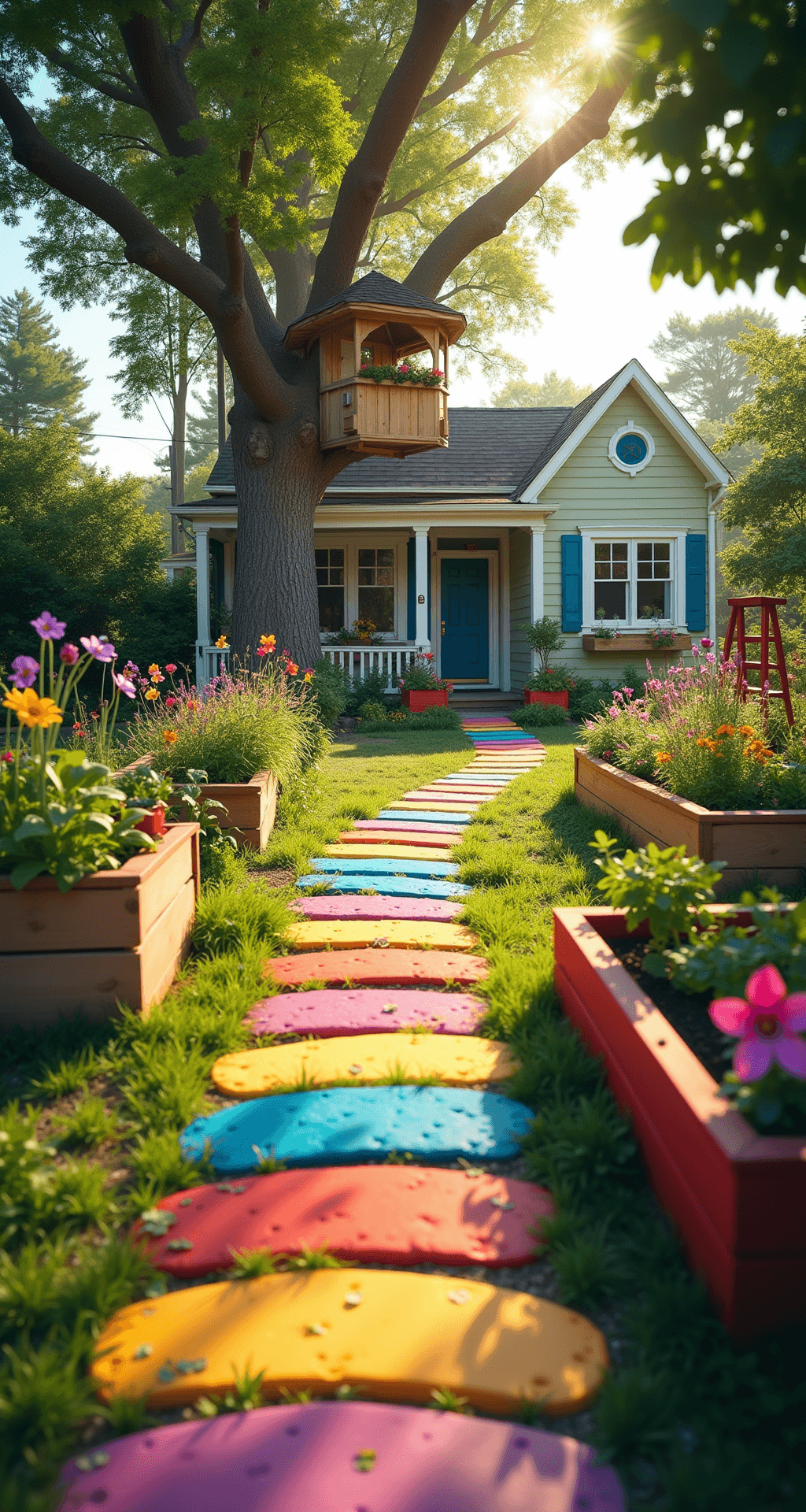A vibrant and whimsical front yard seen from a child's low perspective, featuring a colorful hopscotch path, a charming craftsman bungalow, raised garden beds, a magical treehouse in an oak tree, and playful decorations like pinwheels and wind chimes under bright morning light.