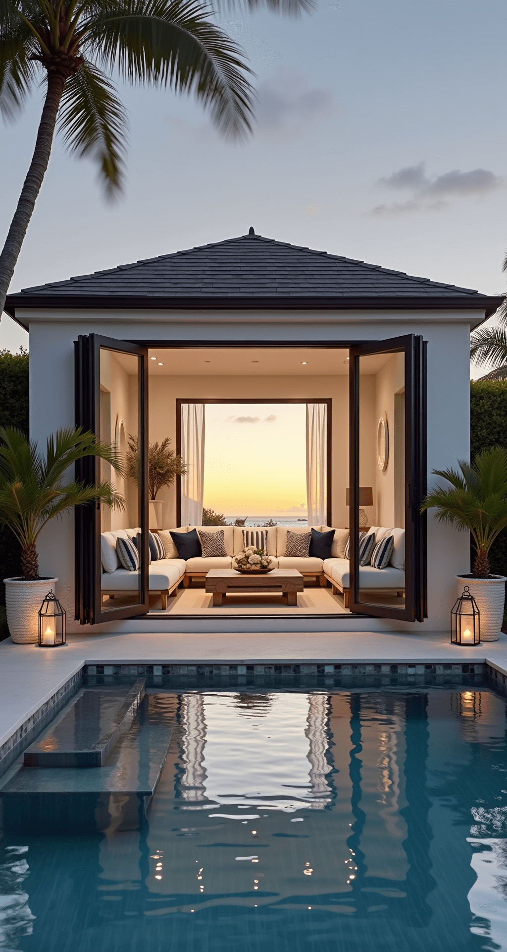 Dramatic wide shot of a pool house interior blending with an outdoor space, featuring folding glass doors open to an infinity pool view at sunset. The decor includes white performance fabric sofas with navy striped pillows, rope accent chairs, and a bleached wood coffee table, styled with oversized hurricane lanterns and tropical potted palms.