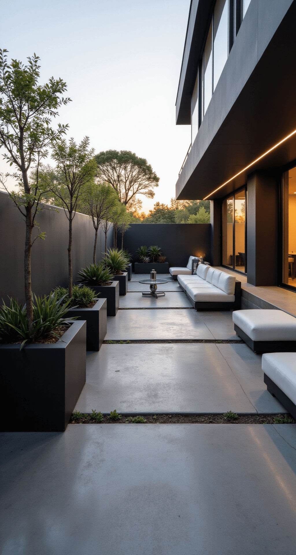 Contemporary minimalist patio at golden hour featuring sleek concrete flooring, geometric platforms, charcoal and white modular seating, sculptural succulents in matte black planters, and reflective chrome and glass accent tables, all illuminated by strategic LED strips.