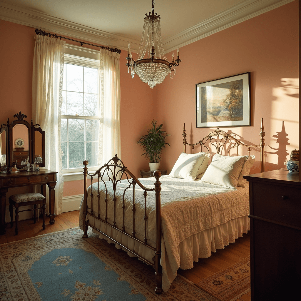 A sunlit vintage bedroom featuring a brass queen bed, dusty rose walls, ivory lace curtains, a mahogany vanity with antique perfume bottles, a muted Persian rug, and a crystal chandelier, all captured from a low corner angle at golden hour with dreamy depth.