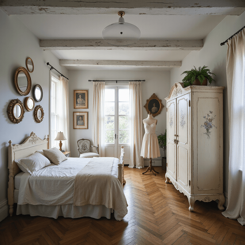 Wide-angle view of a vintage French Country bedroom with whitewashed wooden beams and a 9ft ceiling, featuring a distressed cream armoire, a carved weathered white bed frame, gauzy linen curtains, herringbone hardwood floors, and a vintage mannequin displaying a 1940s slip dress; soft focus at f/4 emphasizes layered textures and patinas with dawn light filtering in from east-facing windows.