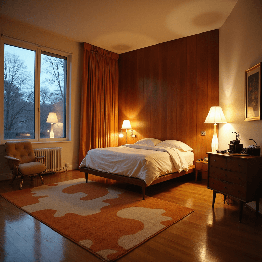 A mid-century modern bedroom at dusk featuring a walnut-paneled accent wall, a platform bed, a brass floor lamp, a geometric area rug, an Eames chair, a teak dresser with vintage cameras, and warm tungsten lighting.