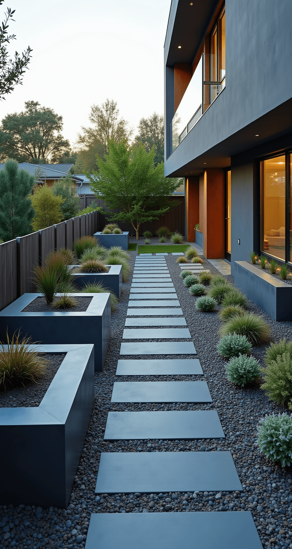 A modern front yard with a patchwork of low-growing sedums and ornamental grasses under early evening light, featuring raised cor-ten steel planters with sculptural succulents and a minimalist water feature, emphasized by clean lines and cool blue-toned lighting.