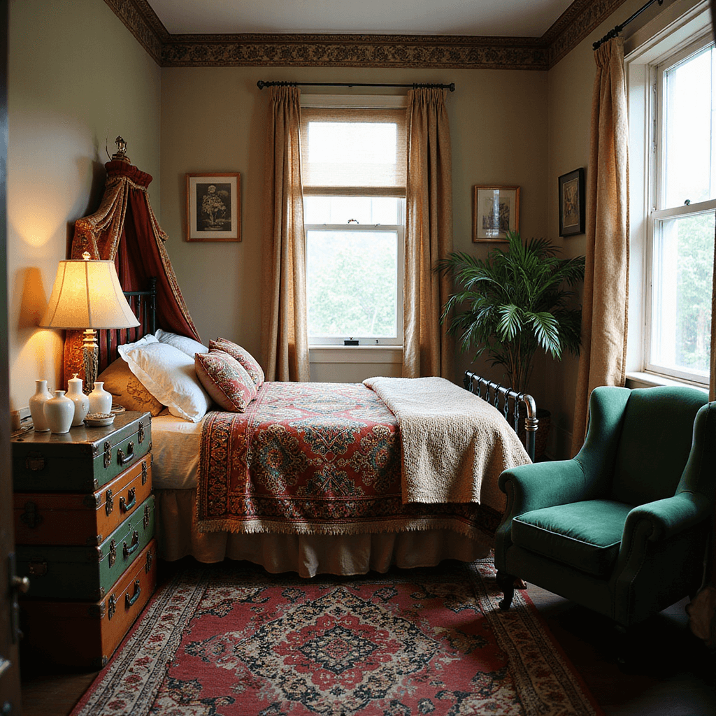Intimate corner view of a vintage bedroom featuring a 1920s picture rail, eclectic bohemian decor with an Indian sari canopy, a Moroccan wedding blanket, and a Victorian crazy quilt on an iron bed frame, alongside an emerald velvet reading chair and stacked vintage suitcases, illuminated by natural light and milk glass lamps on a baroque side table.
