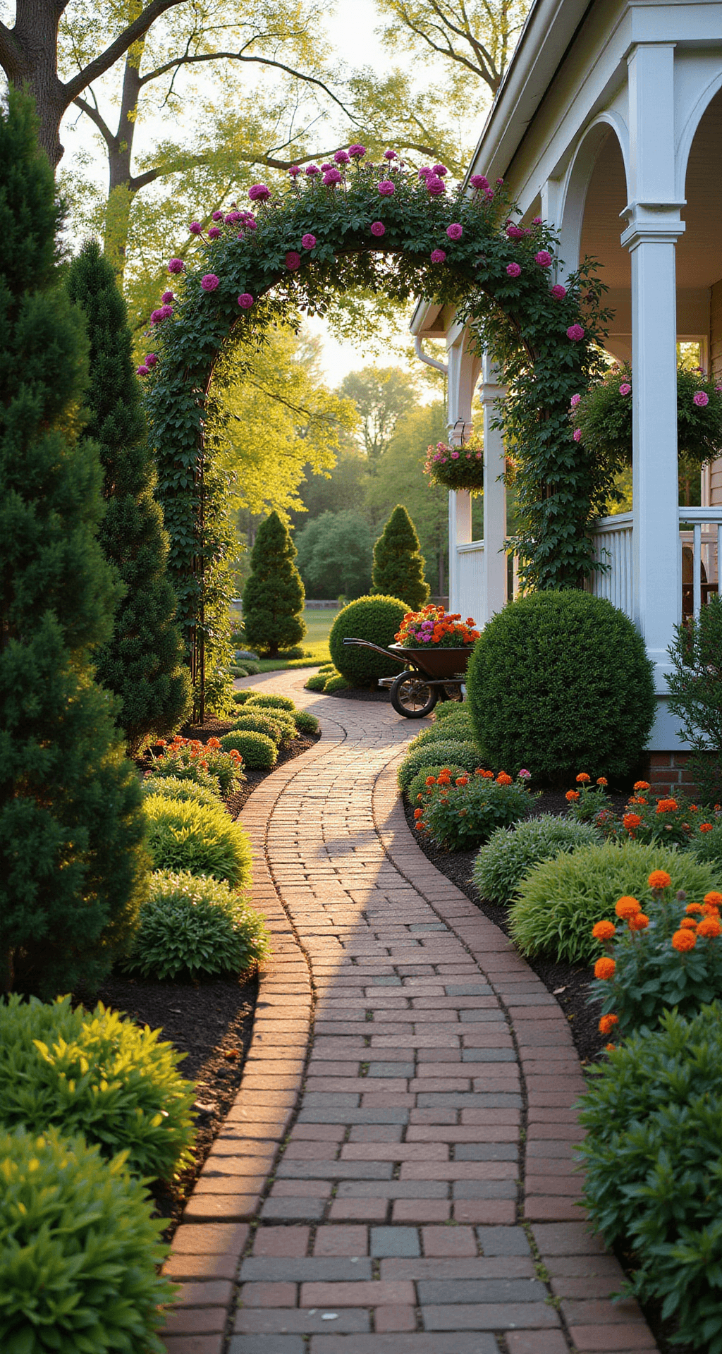 A low-angle view of a charming front yard garden at golden hour, featuring a curved brick pathway leading to a white farmhouse-style porch, layered plantings with evergreens, flowering shrubs, and colorful ground cover, a wrought iron arbor with climbing roses, and a vintage wheelbarrow filled with bright annuals.