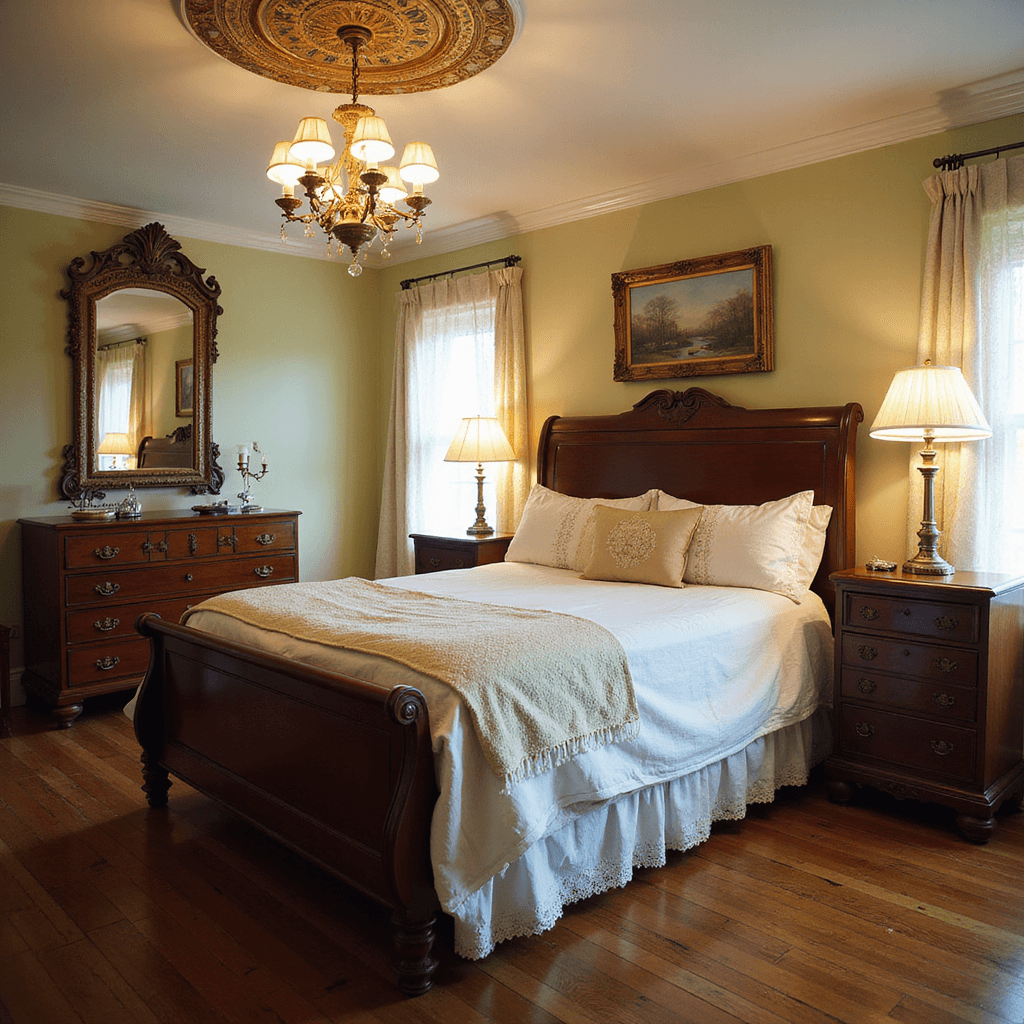 A beautifully styled master bedroom featuring a carved mahogany sleigh bed layered with antique linens, restored hardwood floors, and a vintage ceiling medallion, illuminated by warm late afternoon light. A floor-to-ceiling antiqued mirror reflects a brass chandelier, while a campaign chest displays a vintage silver brush set, all captured from a slightly elevated angle.