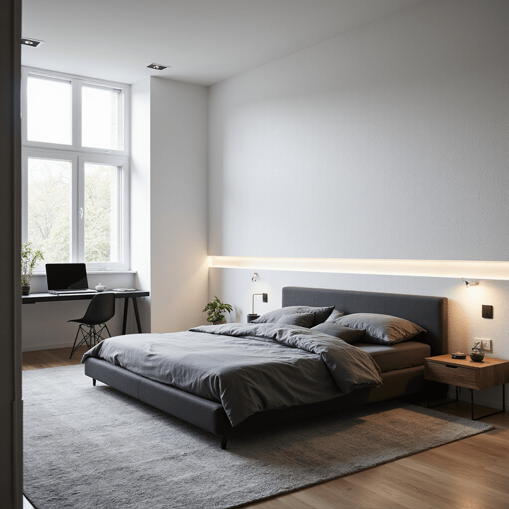 A modern minimalist bedroom featuring a low-profile black platform bed against a white textured wall, illuminated by natural light streaming through floor-to-ceiling windows, with walnut nightstands, a grey wool area rug, and a sleek matte black desk, all captured at eye level with a shallow depth of field.