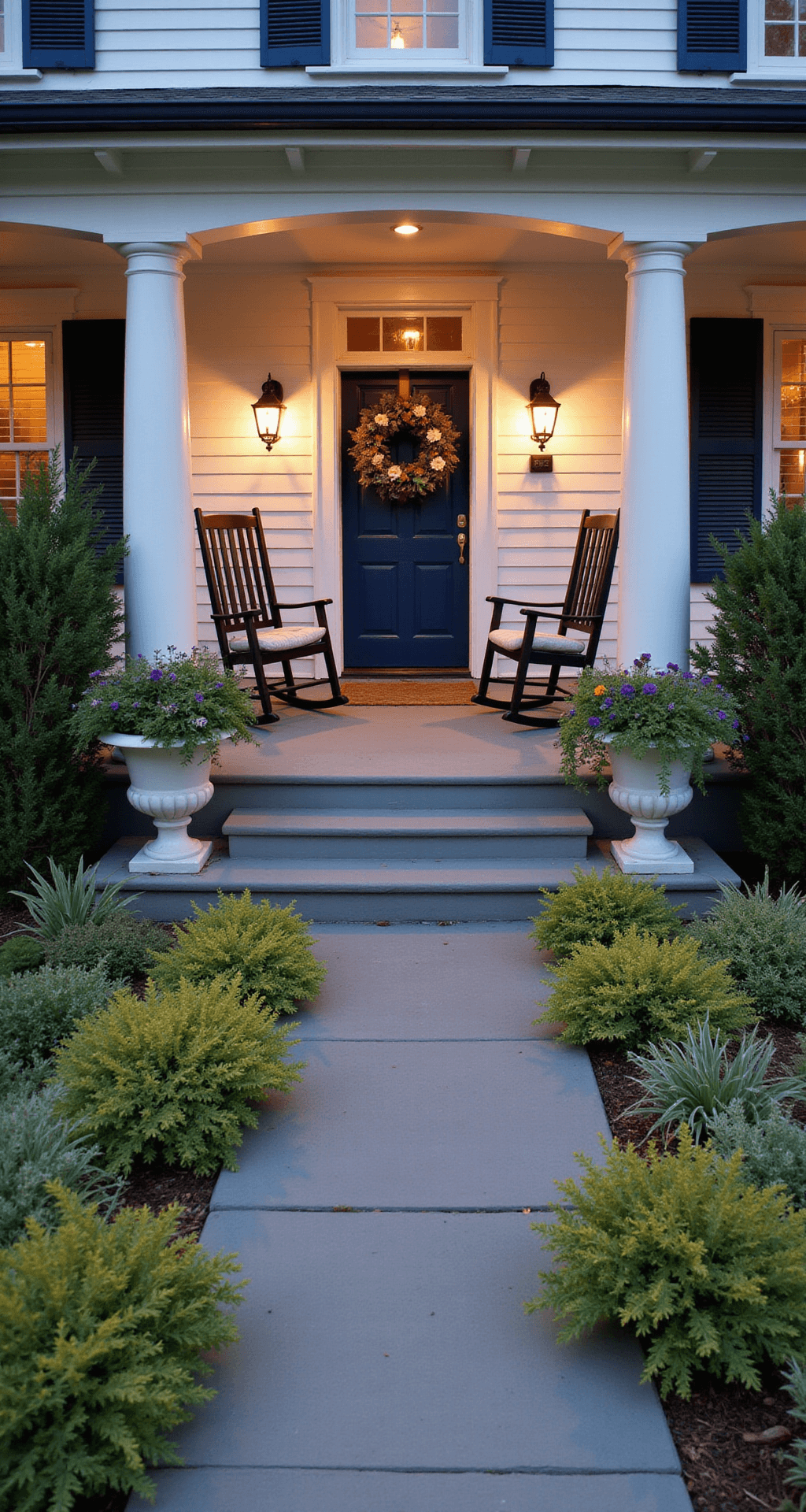 An inviting twilight porch scene featuring a navy blue front door with a large wreath, flanked by oversized lanterns, rocking chairs with cushions, and lush container gardens, all softly illuminated.