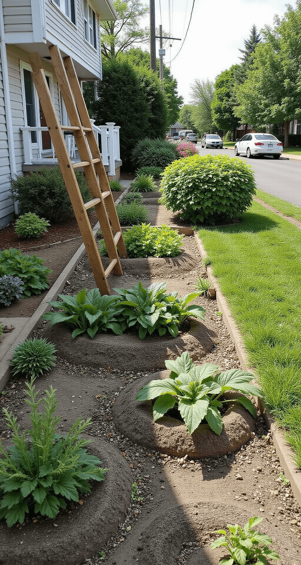 A budget-friendly front yard transformation featuring mounded raised beds with vegetables and flowers, a repurposed wooden ladder as a trellis, pruned shrubs along the borders, and colorful annuals in recycled containers, all captured from an elevated angle in bright midday sunlight.