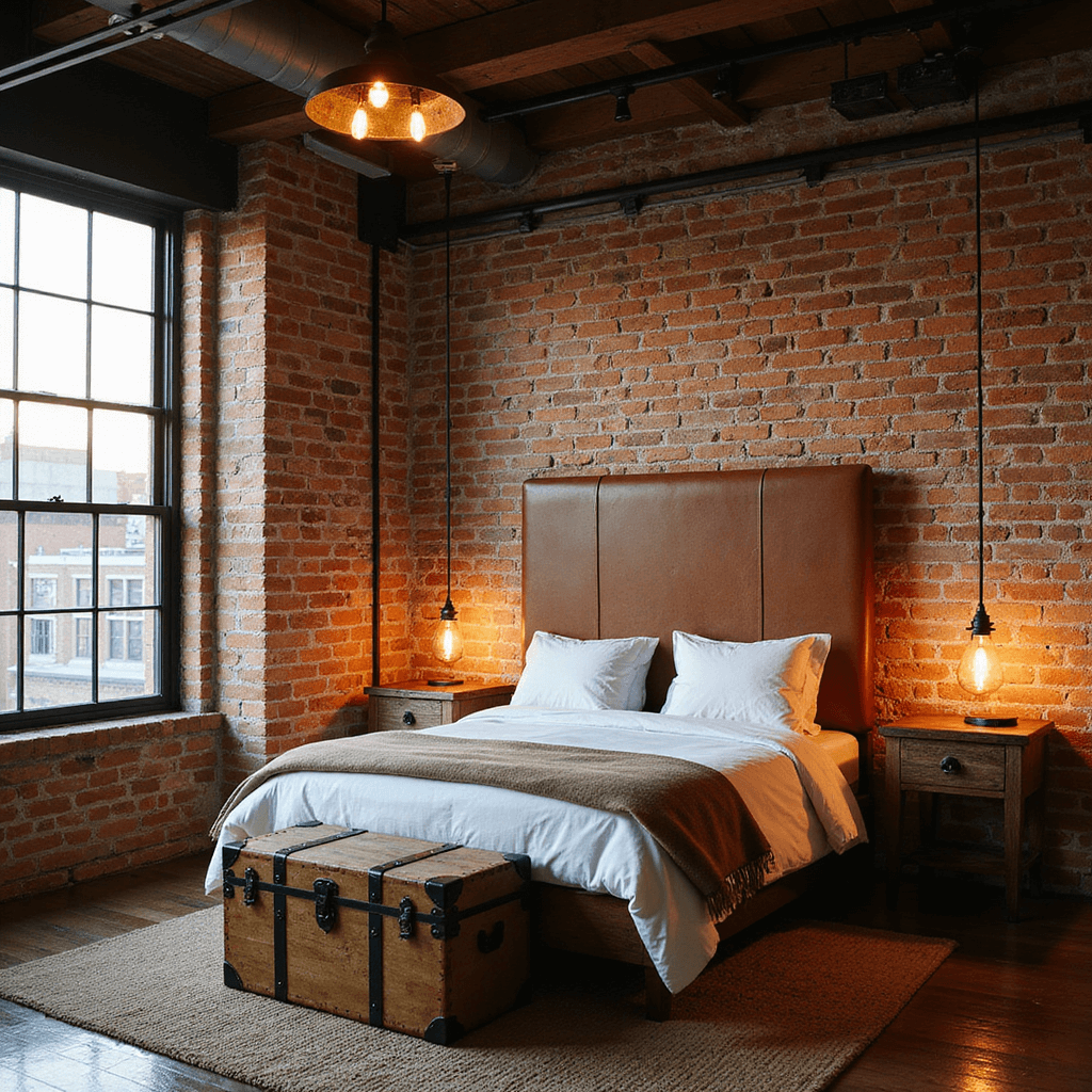Industrial loft bedroom with high ceilings, exposed brick walls, and vintage windows, featuring a queen bed with a leather headboard, raw edge wood nightstands, and Edison bulb pendant lights, all bathed in warm golden hour light.