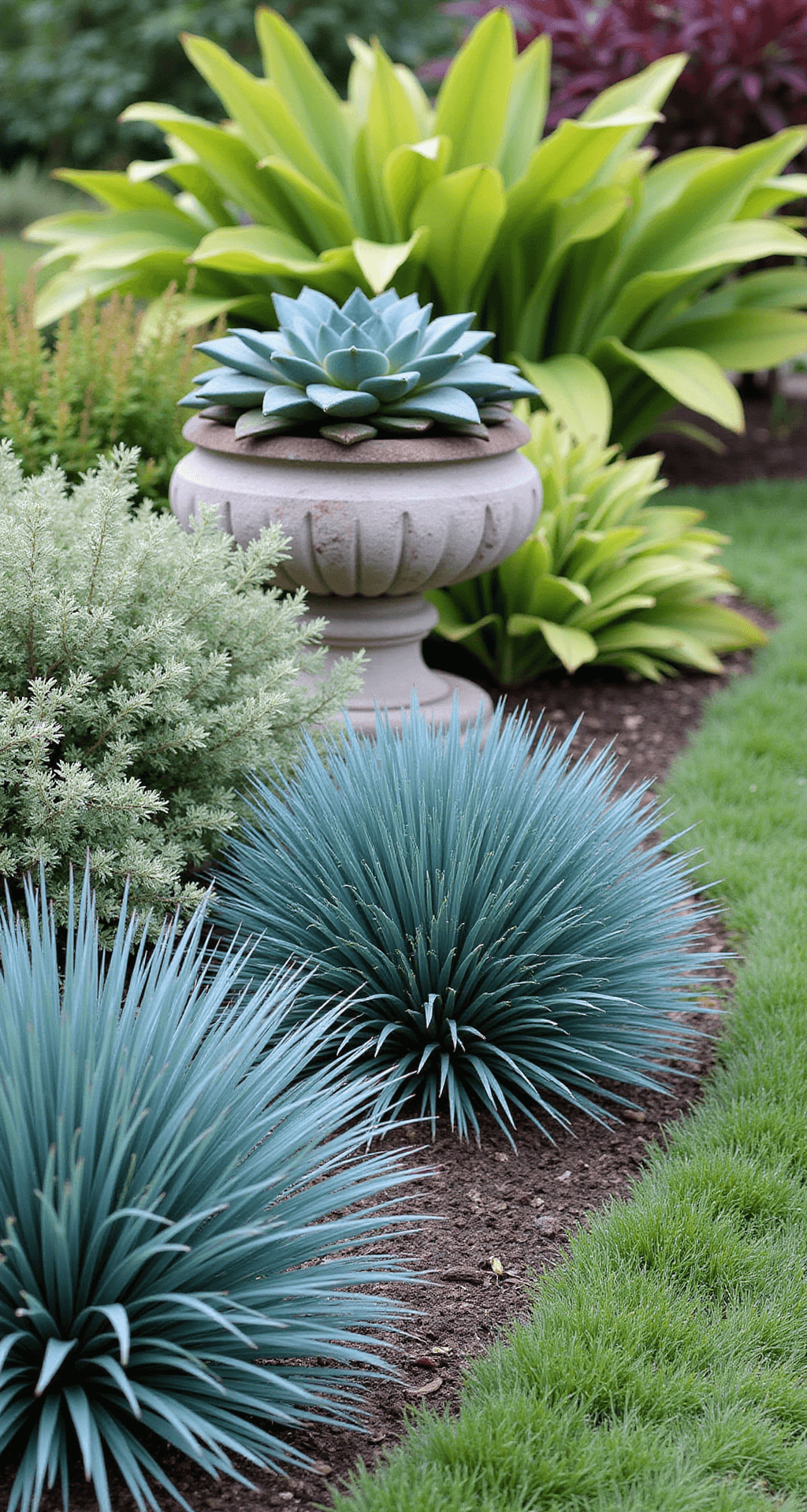 Close-up view of a textured garden border featuring spiky blue fescue grass, smooth hosta leaves, feathery astilbe foliage, burgundy heuchera, silvery lamb's ear, and teal succulents in a weathered stone container, all in even lighting on an overcast day.
