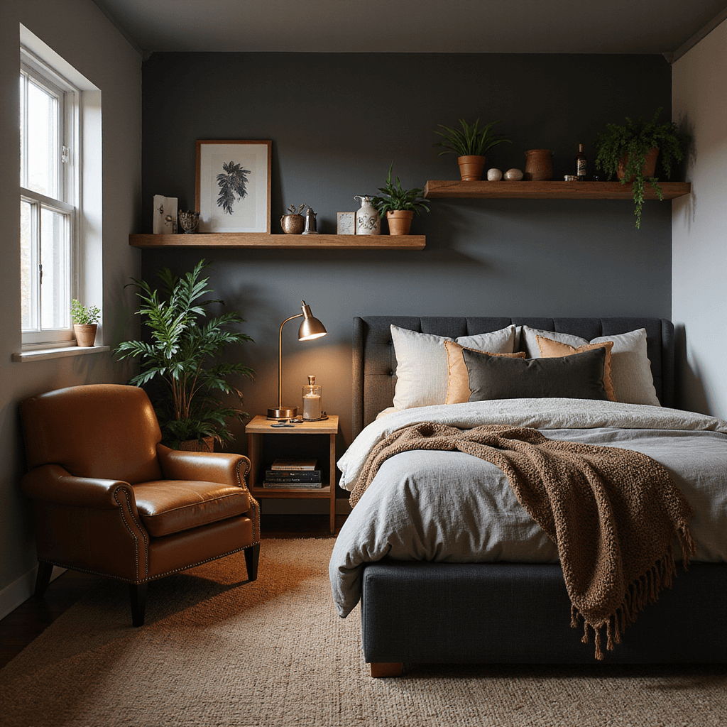 A cozy 12x14ft bedroom featuring a charcoal upholstered bed layered with textured earth-toned bedding, a cognac leather reading chair, and a vintage Persian runner over a woven jute rug, all illuminated by soft evening light from dimmable sconces and lamps, highlighting deep browns, forest greens, and warm greys.