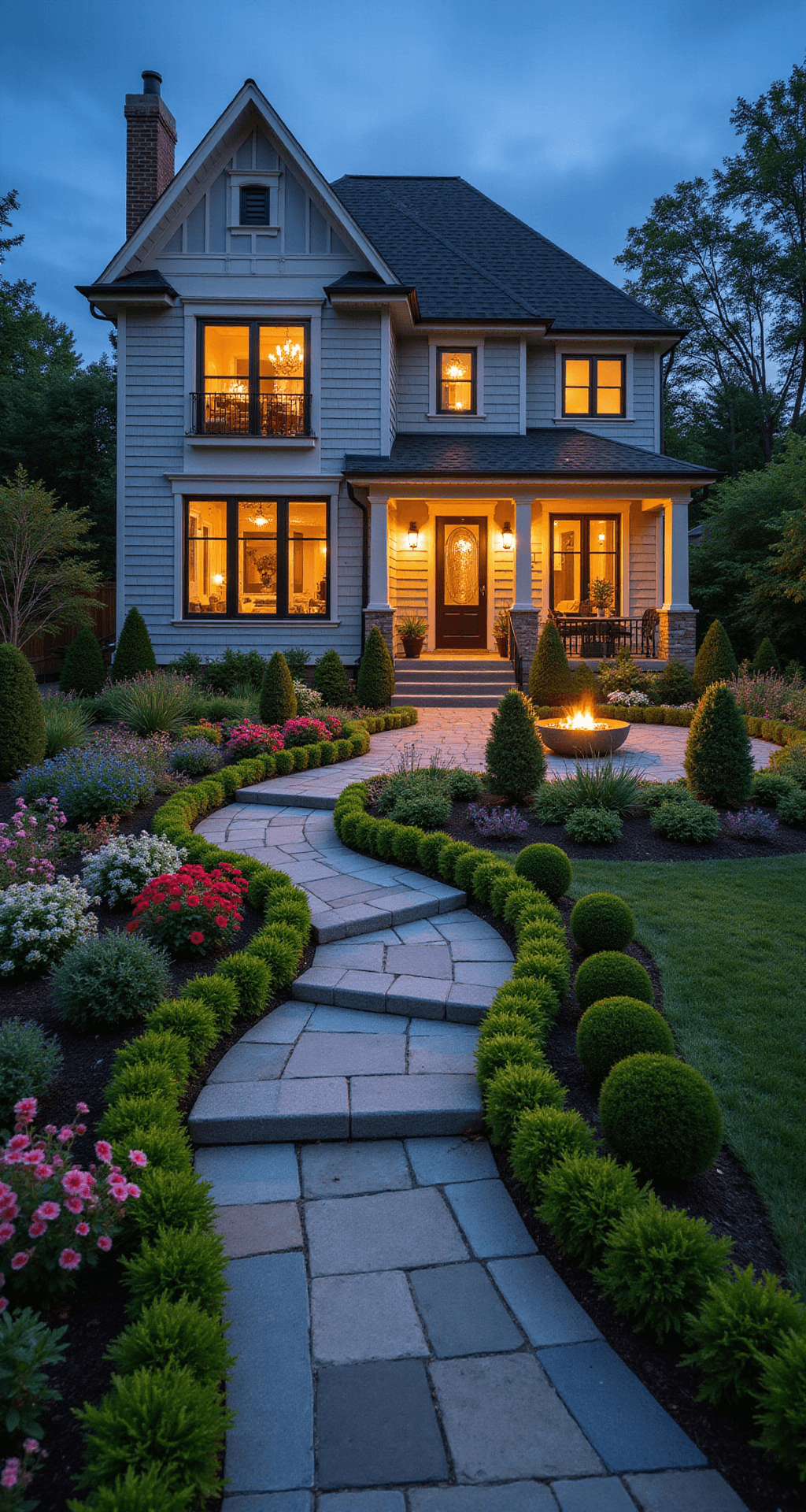 A professionally designed front yard landscape at dusk, featuring curved flowerbeds, a winding flagstone path bordered by boxwood hedges, colorful perennial borders, and glowing landscape lighting. A cozy seating area with a fire pit is visible in the foreground, all captured from a slight elevation.