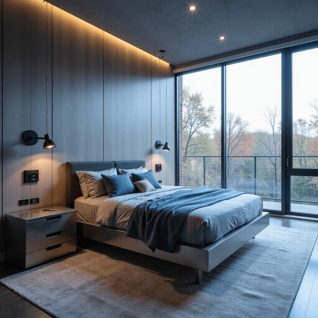 A contemporary tech-integrated sanctuary featuring a floating platform bed, smart glass windows with automated shades, and built-in charging and lighting, all bathed in cool morning light with a color palette of blues, silvers, and greys.