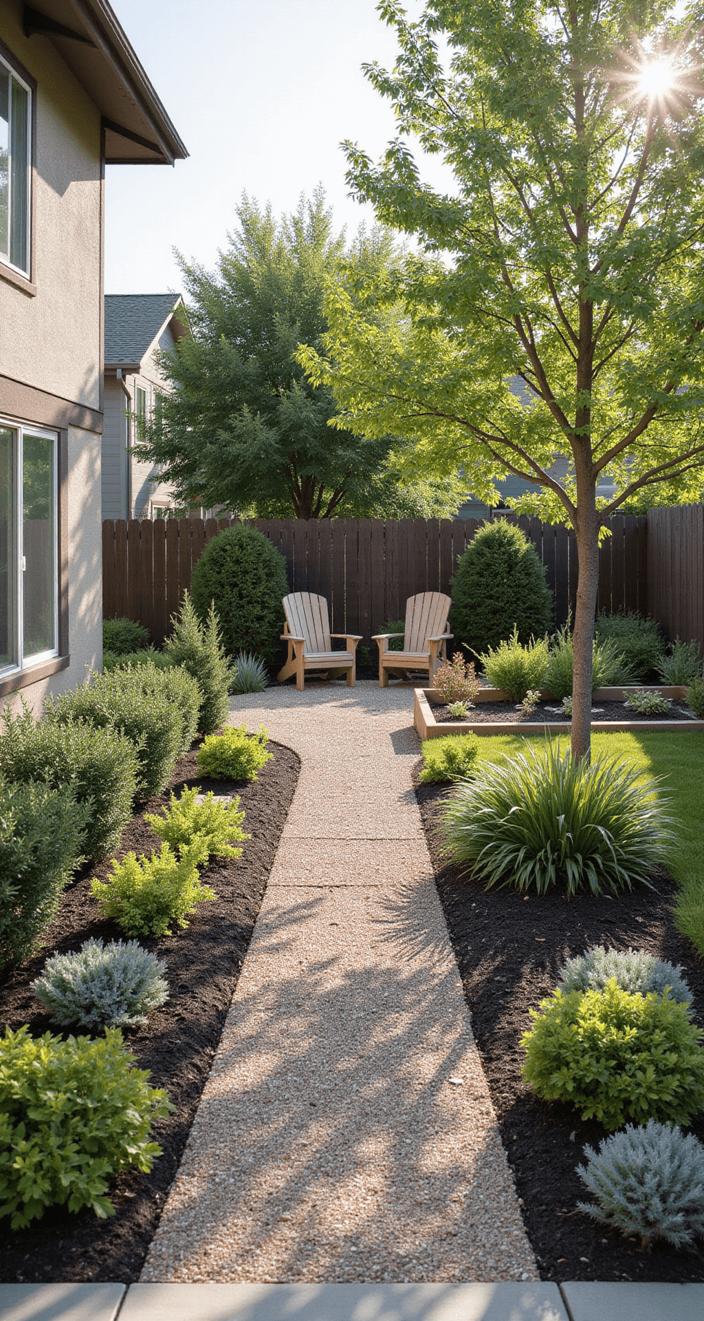 A bright morning photo of a low-maintenance front yard makeover featuring a gravel path, drought-tolerant native plants, young trees, Adirondack chairs under a shade tree, and a small raised bed with herbs and vegetables.
