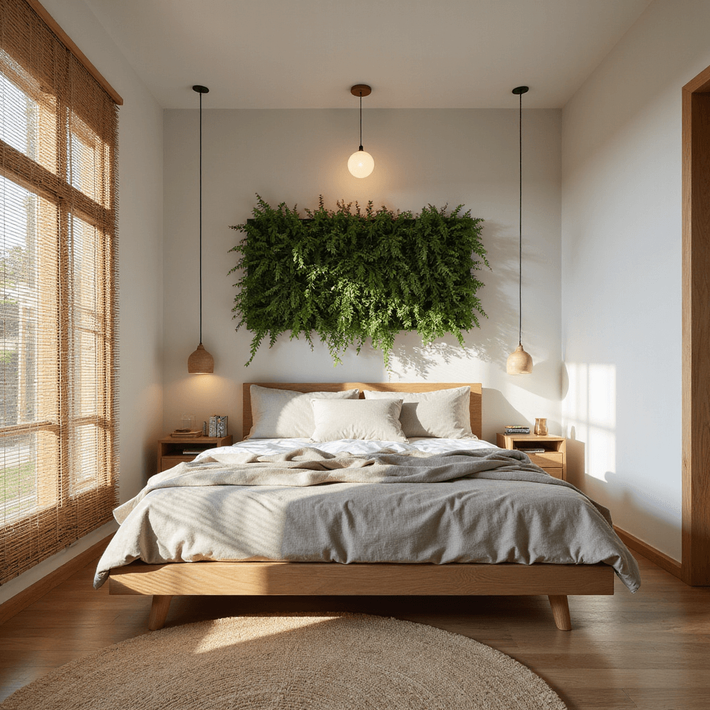 A bright corner bedroom featuring a low wooden bed frame, organic linen bedding, and a living wall, illuminated by natural light and handcrafted pendant lights, showcasing a harmonious blend of modern design and natural materials.