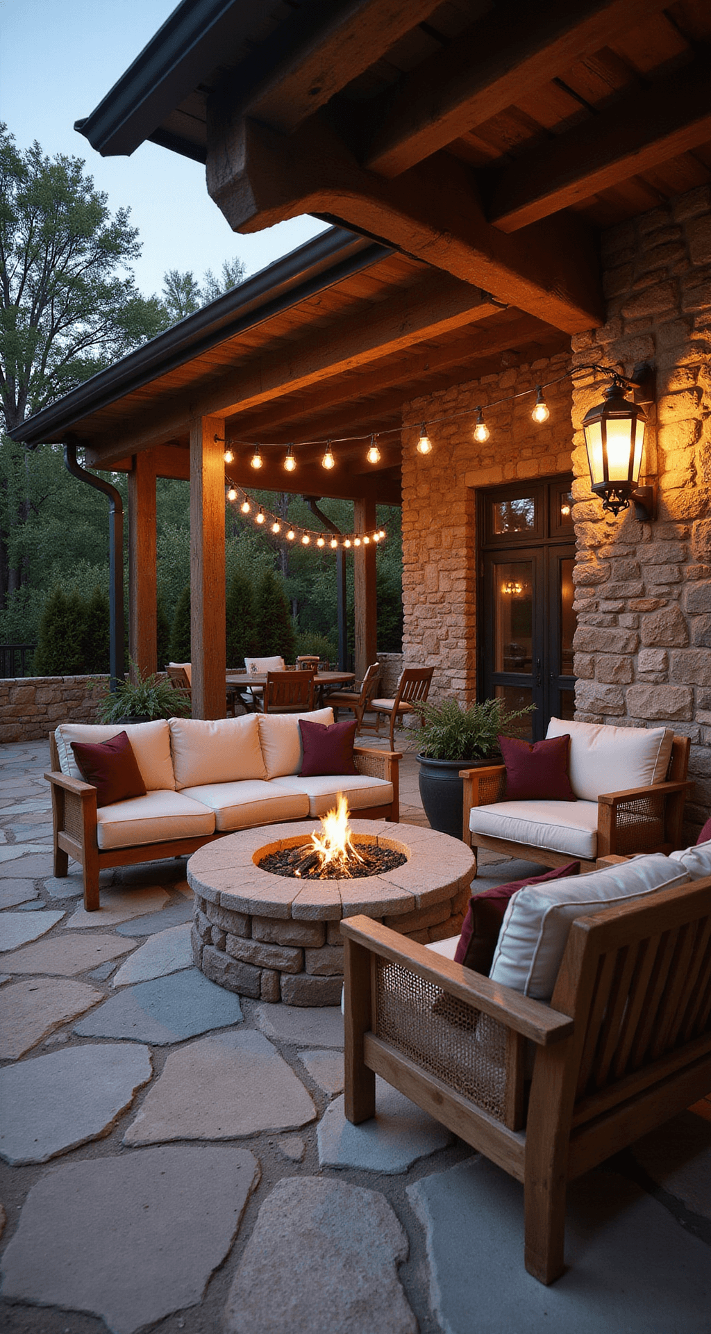 Wide-angle view of a rustic-elegant patio at dusk featuring natural stone flooring, a central circular fire pit, weathered teak furniture with cream cushions, and warm light from hanging copper lanterns, accentuated by exposed wooden beams and Edison bulbs.