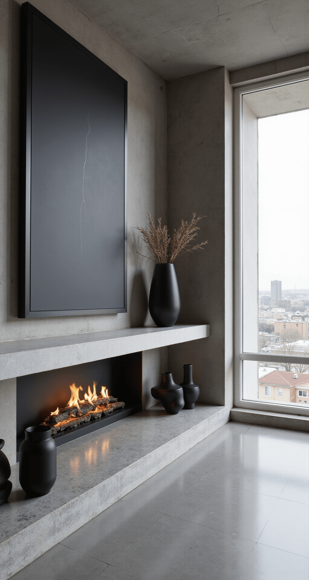 A modern minimalist penthouse living space featuring a sleek concrete fireplace with a floating marble mantle, oversized black-framed art, and symmetrical arrangements of matte black geometric vases. The room showcases diffused natural light through floor-to-ceiling windows, with a monochromatic palette of warm grays, charcoal, and white, captured from a wide-angle corner perspective.