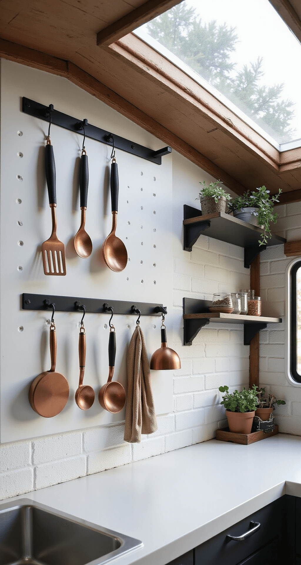 Low-angle view of a vertical storage space featuring a white pegboard system with copper cooking utensils, minimalist floating shelves, and matte black magnetic strips for knives, accented by natural light from a skylight and a textured white subway tile backsplash.