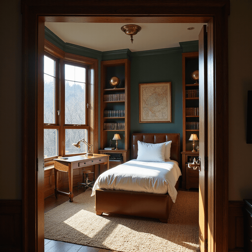 A cozy bedroom with warm sunlight, featuring a dark green accent wall, twin XL bed with leather headboard, oak desk under a brass lamp, and tall bookshelves filled with books and antique maps, all enhancing a scholarly atmosphere.