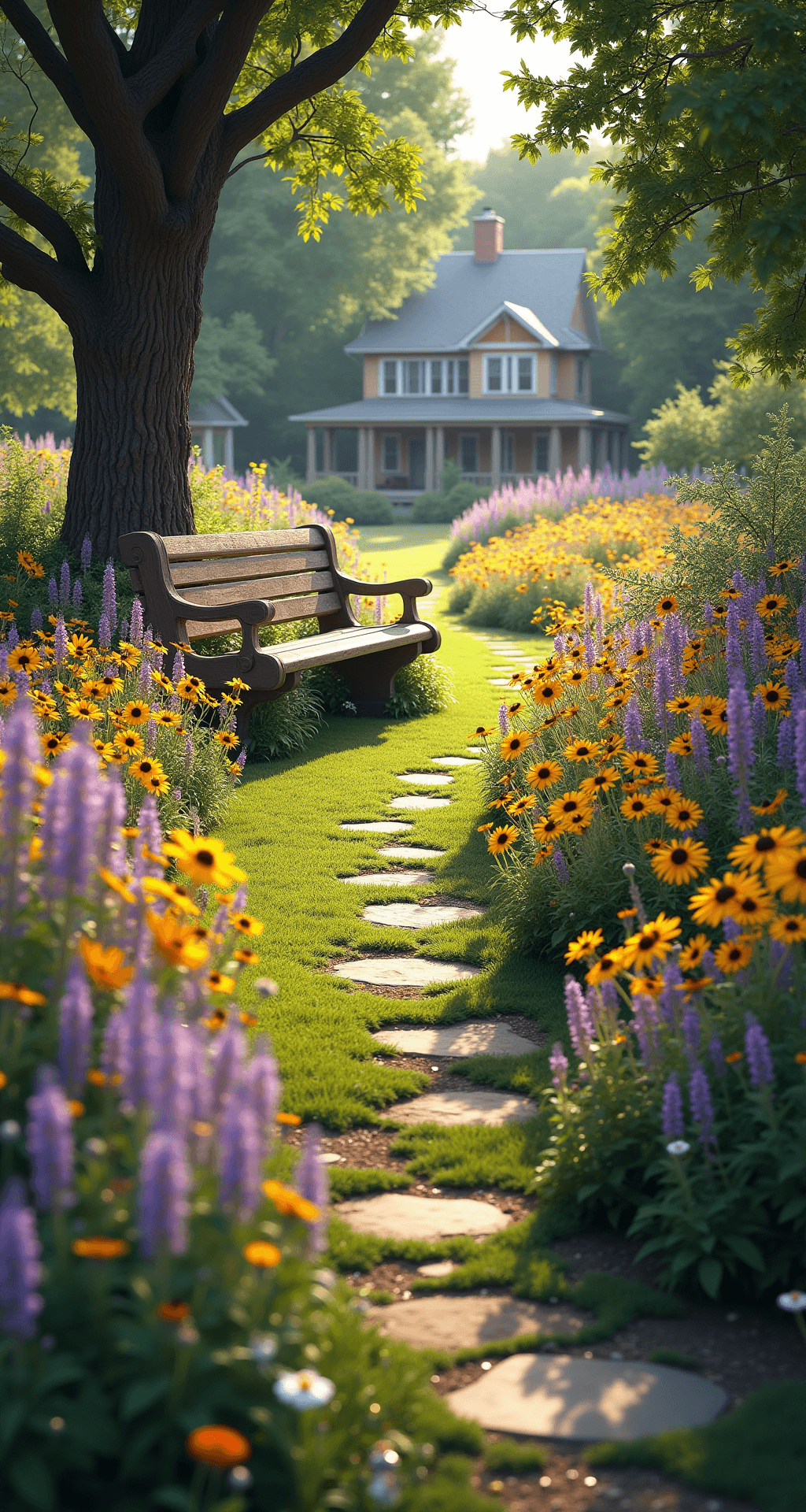 A sunny front yard filled with vibrant wildflowers in shades of purple, yellow, and orange, featuring a winding stone path, a rustic wooden bench under an oak tree, and butterflies and bees among the blooms, with a house visible in the background.