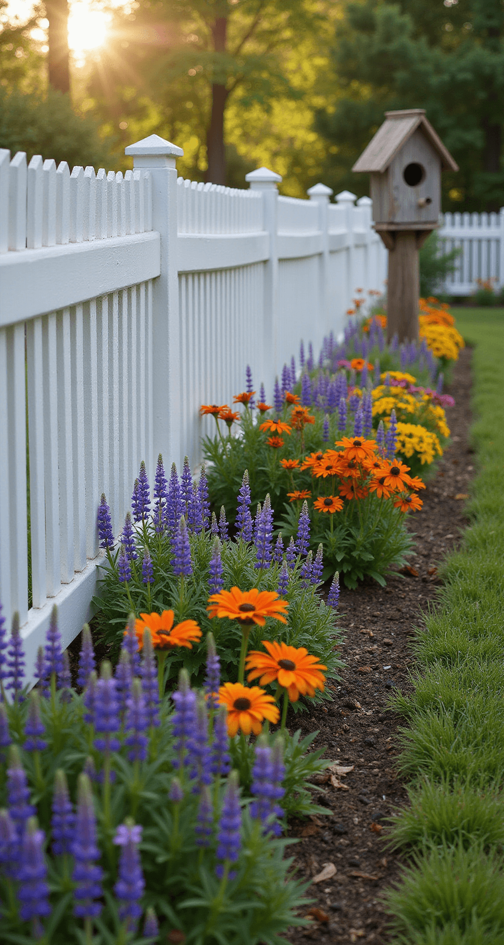 A vibrant early morning scene featuring a 20x10 ft wildflower border along a white picket fence, with glistening dew drops on colorful petals and leaves, transitioning from cool purples and blues to warm reds, oranges, and soft yellows, complemented by a rustic birdhouse on a post, all captured in soft, diffused morning light.