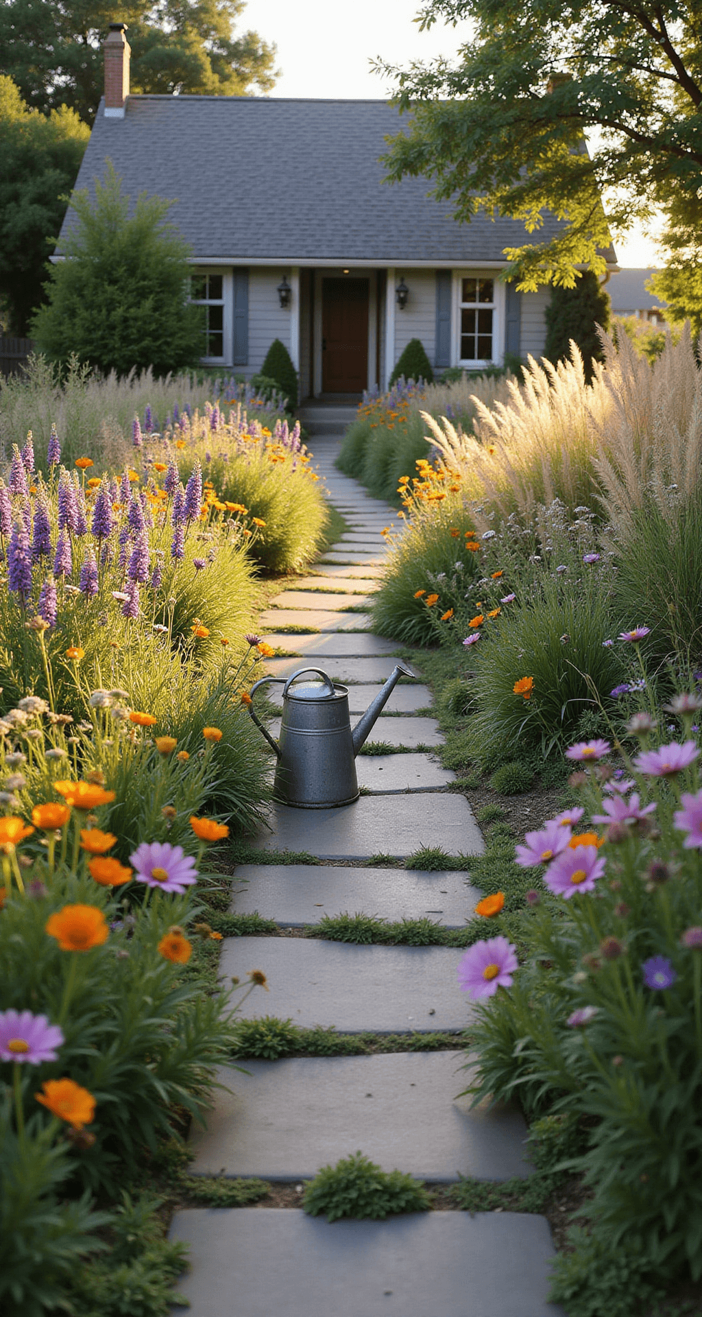 A late afternoon view of a wildflower-lined walkway leading to a charming cottage-style home, featuring natural flagstones with thyme, colorful wildflowers, tall grasses, and a vintage metal watering can, all beautifully illuminated by golden hour lighting.
