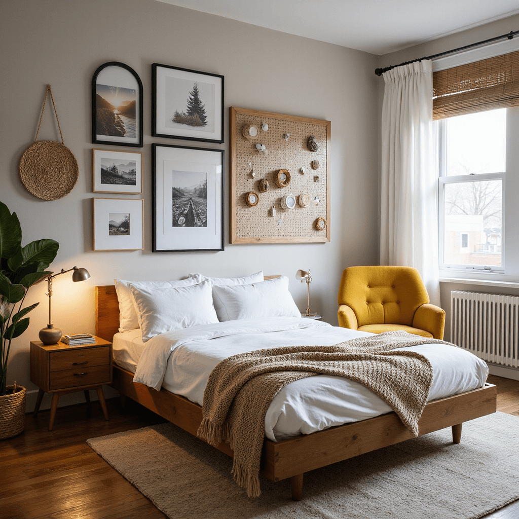 A cozy 13x15ft bedroom bathed in morning light, featuring a modern low-profile bed against a gallery wall filled with curated artwork. A custom pegboard displays rotating collections, while modular furniture in warm neutrals and a mustard yellow accent chair add pops of color. Natural textures include a woven wall hanging, chunky knit throw, and bamboo blinds, complemented by rich wooden furniture tones.