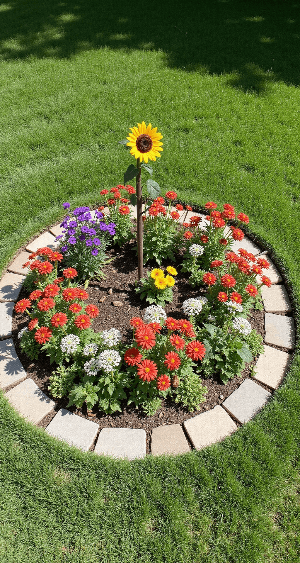 Aerial view of a vibrant 12x12 ft wildflower bed featuring red bee balm, purple liatris, yellow rudbeckias, and Queen Anne's lace, surrounded by a neatly trimmed lawn and edged with natural stones; includes a rustic metal sunflower sculpture at the center under bright sunlight.