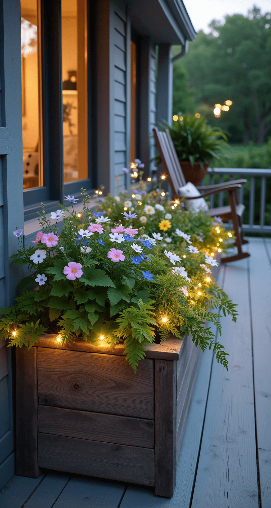 A rustic wooden wildflower planter overflowing with pink columbines, white wood anemones, blue forget-me-nots, and yellow evening primrose, adorned with fairy lights, on a spacious front porch with gray-washed planks, alongside a cozy rocking chair under soft twilight.