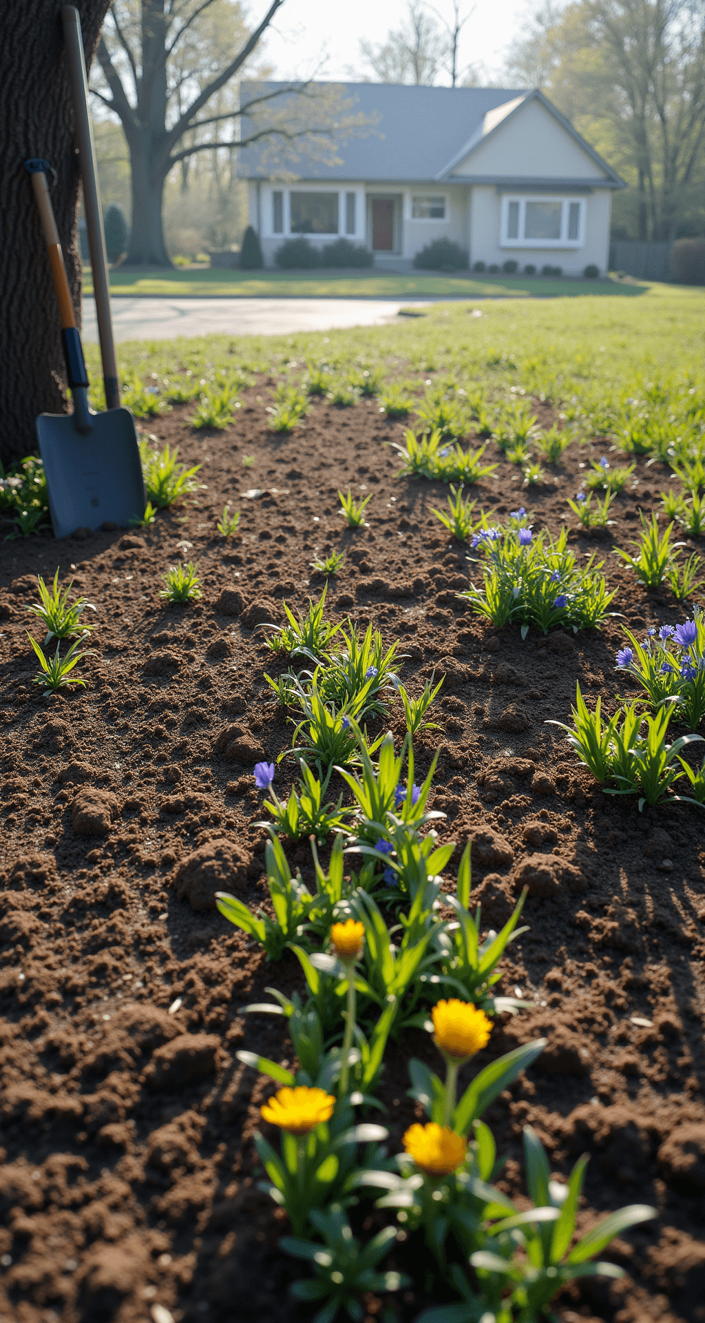 A spring morning scene of a yard in transition to a wildflower meadow, featuring tilled soil, solarized sections, emerging seedlings, blooming dandelions and violets, and garden tools against a misty backdrop.