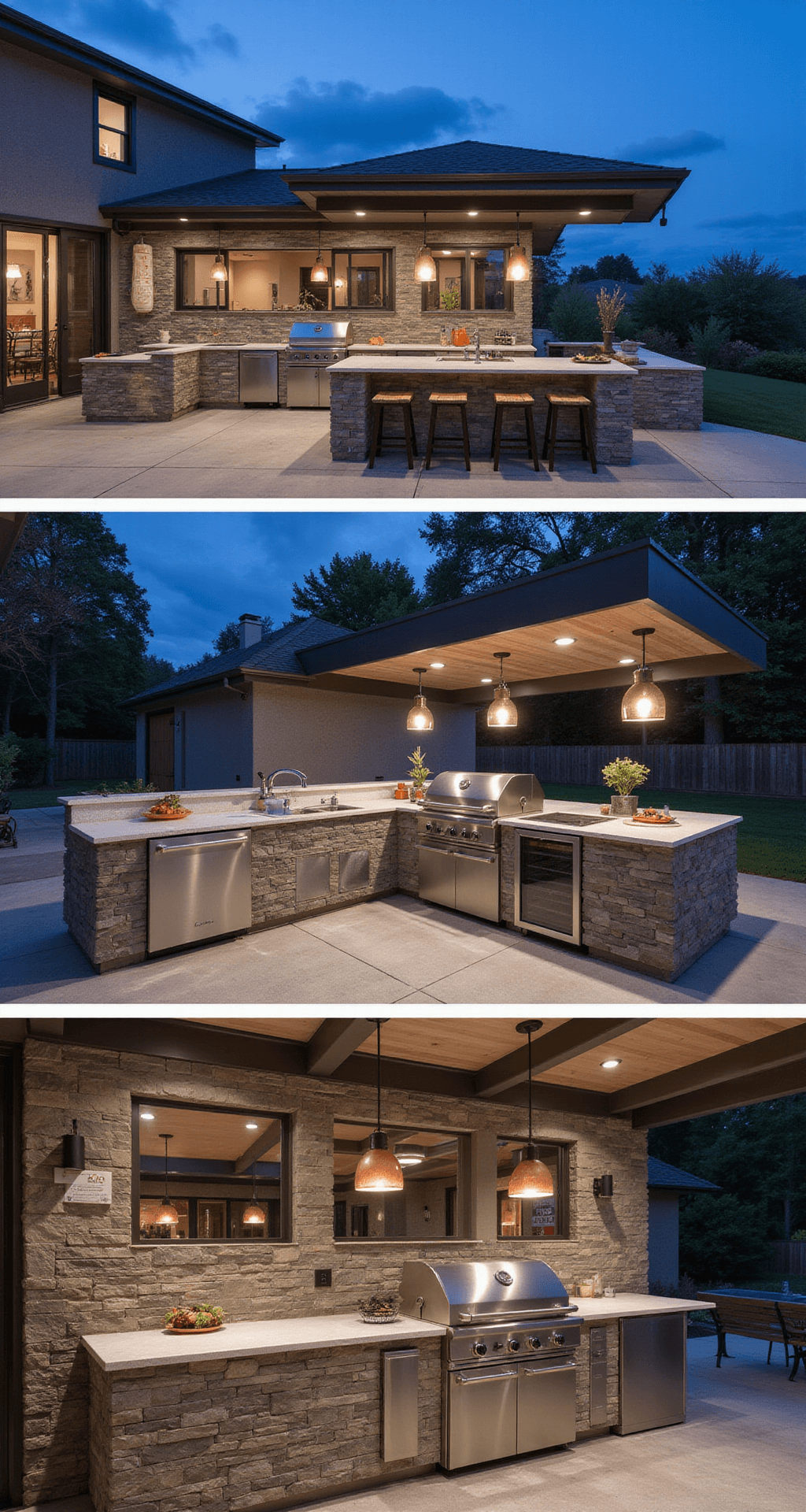 An overhead view of a professional-grade outdoor kitchen featuring an L-shaped configuration with brushed stainless steel appliances, including a smart grill station and wine fridge, quartzite countertops with a waterfall edge, pendant lights, wood-look tile flooring, and copper accents illuminated by LED underlighting, all captured during blue hour.