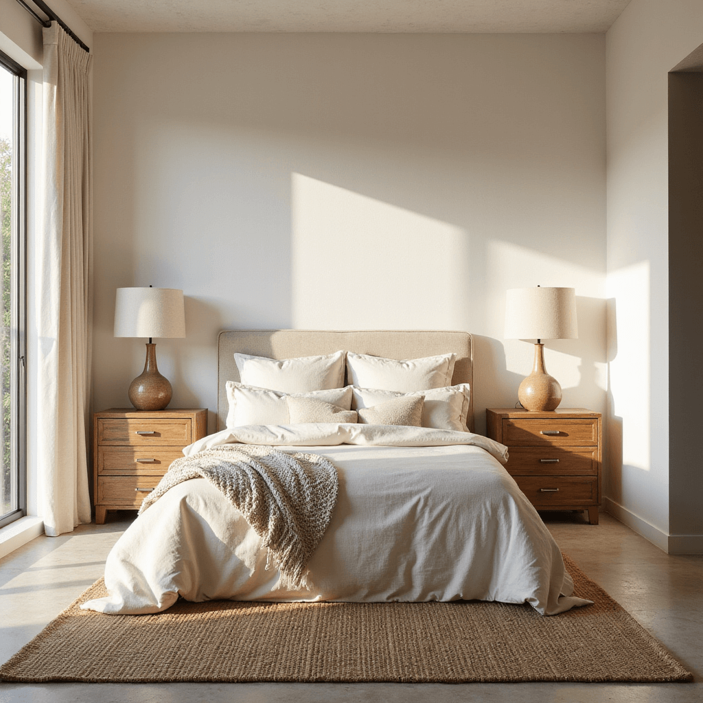 A serene primary bedroom featuring a king-size bed with layered ivory and beige linens, natural wood nightstands, and warm ambient lighting from large ceramic table lamps, all bathed in morning light streaming through floor-to-ceiling windows. The walls are painted in 'Whipped Cream' with subtle texture, and a jute rug anchors the space, creating a tranquil atmosphere with modern organic style and hotel-luxury touches.